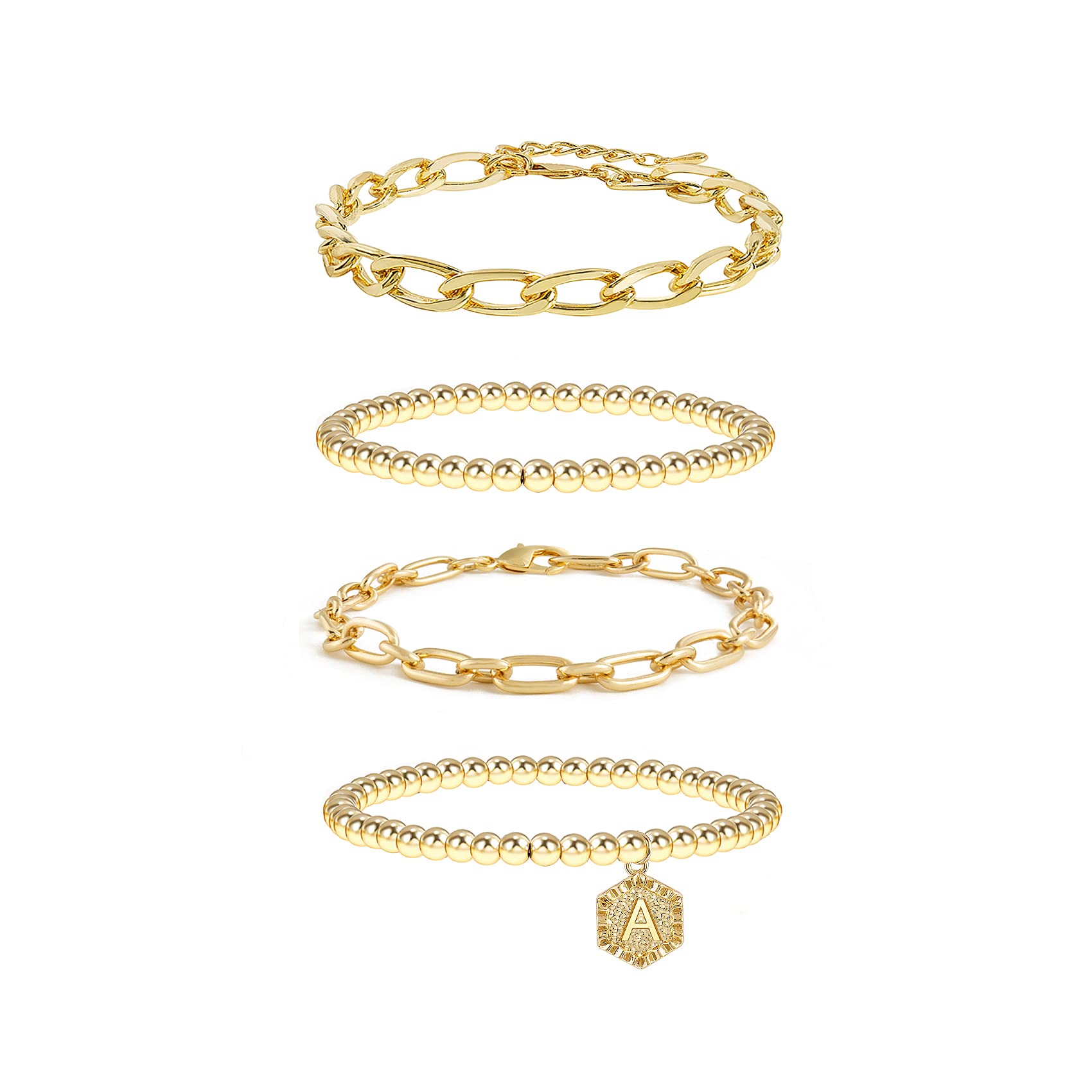 Gold Plated Initial Bracelets for Women - Stackable Bead & Chain Bangle Set, Layered Cute Bracelet Jewelry Gift for Her | Perfect for Everyday Wear, Date Nights & Special Occasions