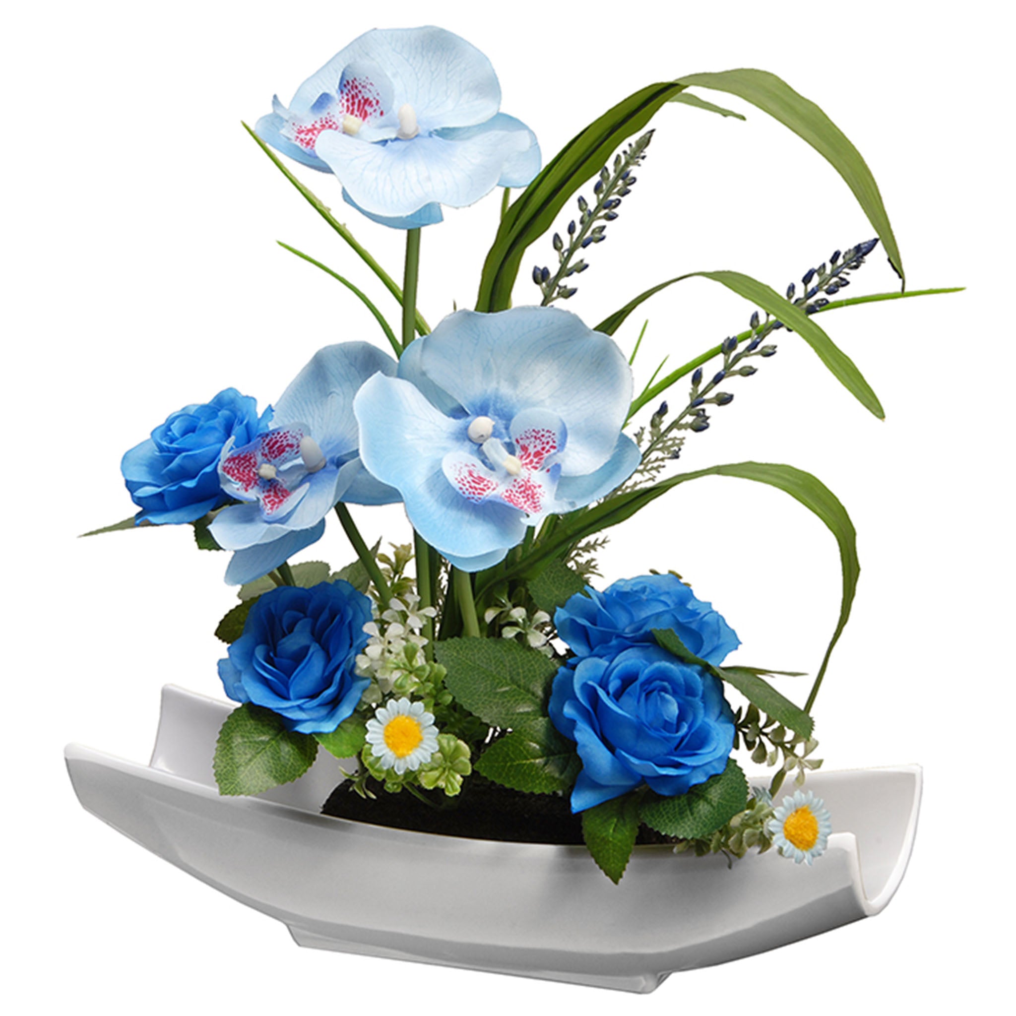 15 Inch Artificial Spring Potted White Orchid and Blue Roses with Leafy Greens - Elegant Home Decor for Living Room, Office, Wedding Centerpiece