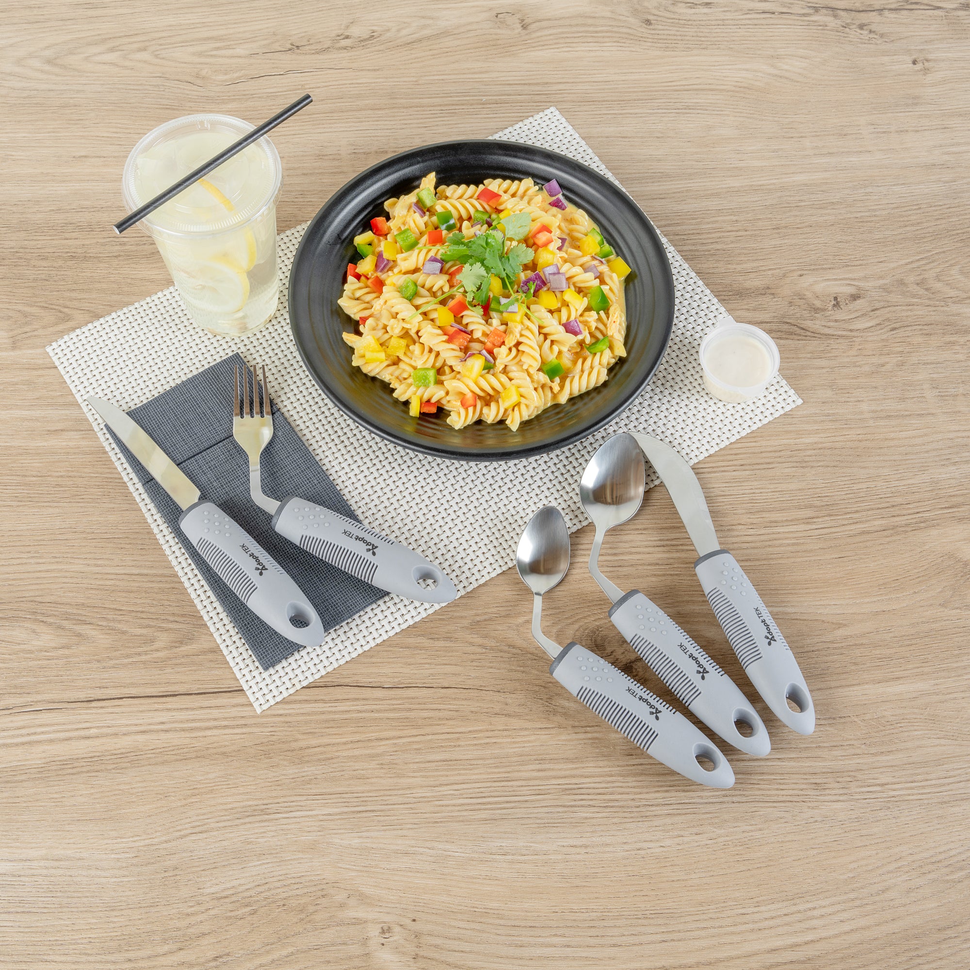 Adapt Tek Gray Stainless Steel 5-Piece Adaptive Offset Utensil Set for Left-Handed Users - Lightweight, Non-Slip Grip - Perfect for Arthritis & Limited Mobility - Kitchen & Dining Essentials (1 Count)