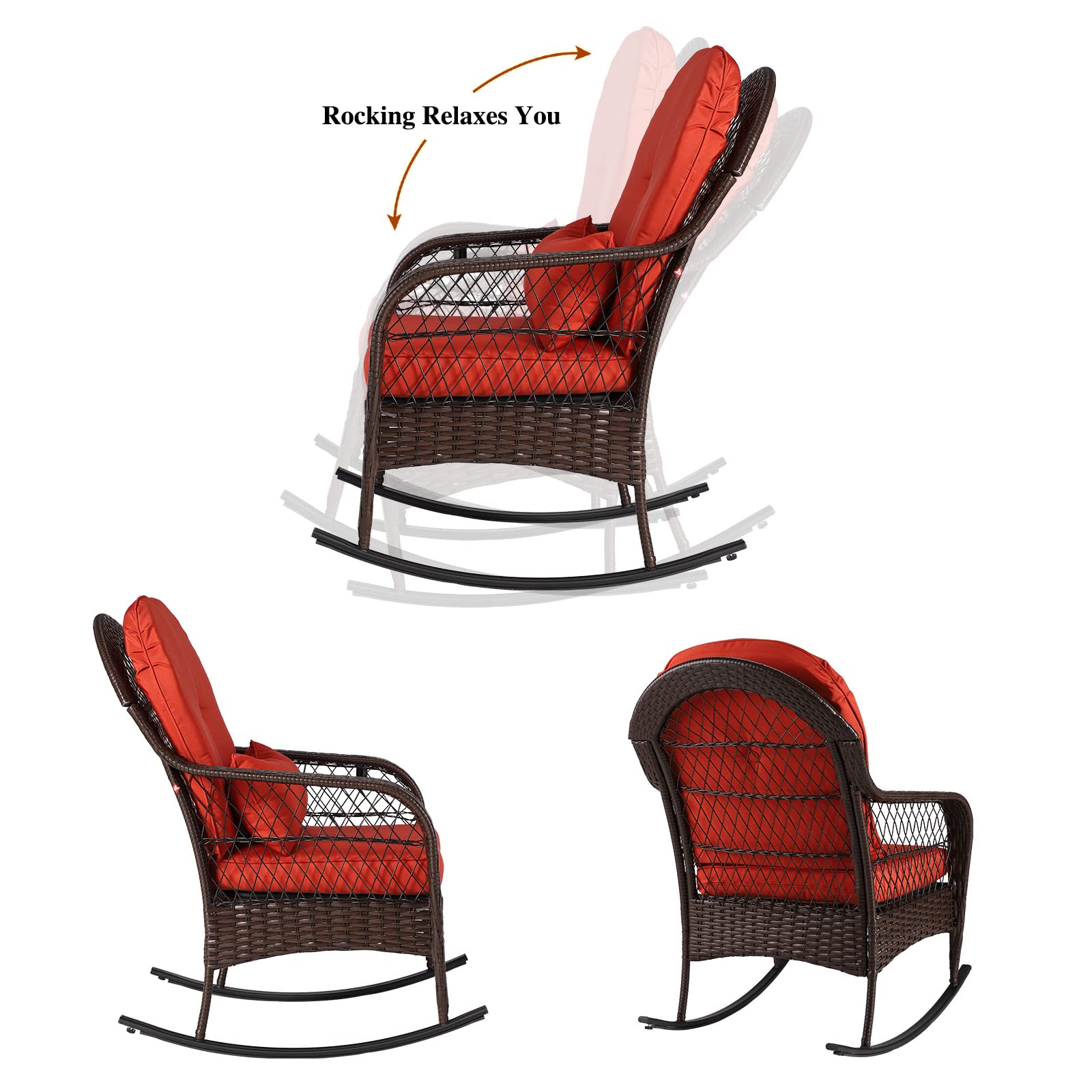**All-Weather Outdoor Wicker Rocking Chair with Cushions - Brown Wicker & Orange Cushion - Perfect for Garden, Patio, Yard, Porch, Lawn, Balcony & Backyard Relaxation**