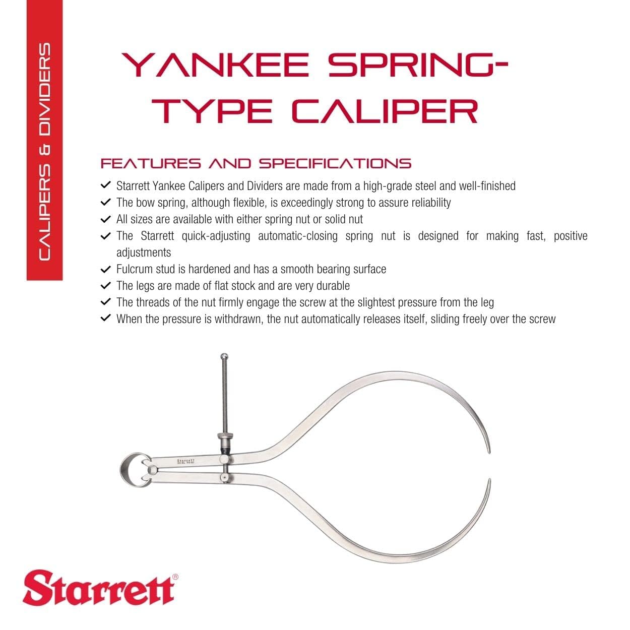 Starrett 79B-12 12-Inch Spring Joint Caliper - Precision Measuring Tool with Hardened Fulcrum Stud, Bow Spring & Quick-Adjust Nut - Ideal for Metalworking, Woodworking & Engineering Measurements