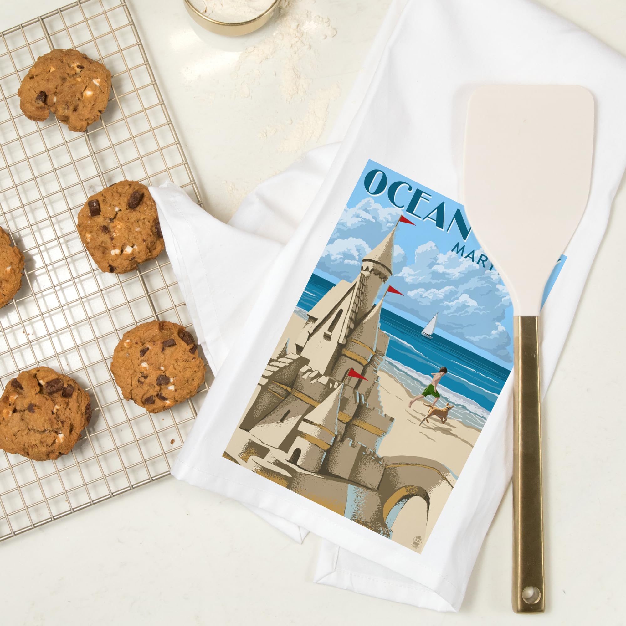 Lantern Press Ocean City Maryland Sand Castle 100% Cotton Tea Towel - Decorative Hand Towel for Kitchen, Home Decor & Beach House - Perfect for Dish Drying, Gift Giving & Coastal Themed Decor
