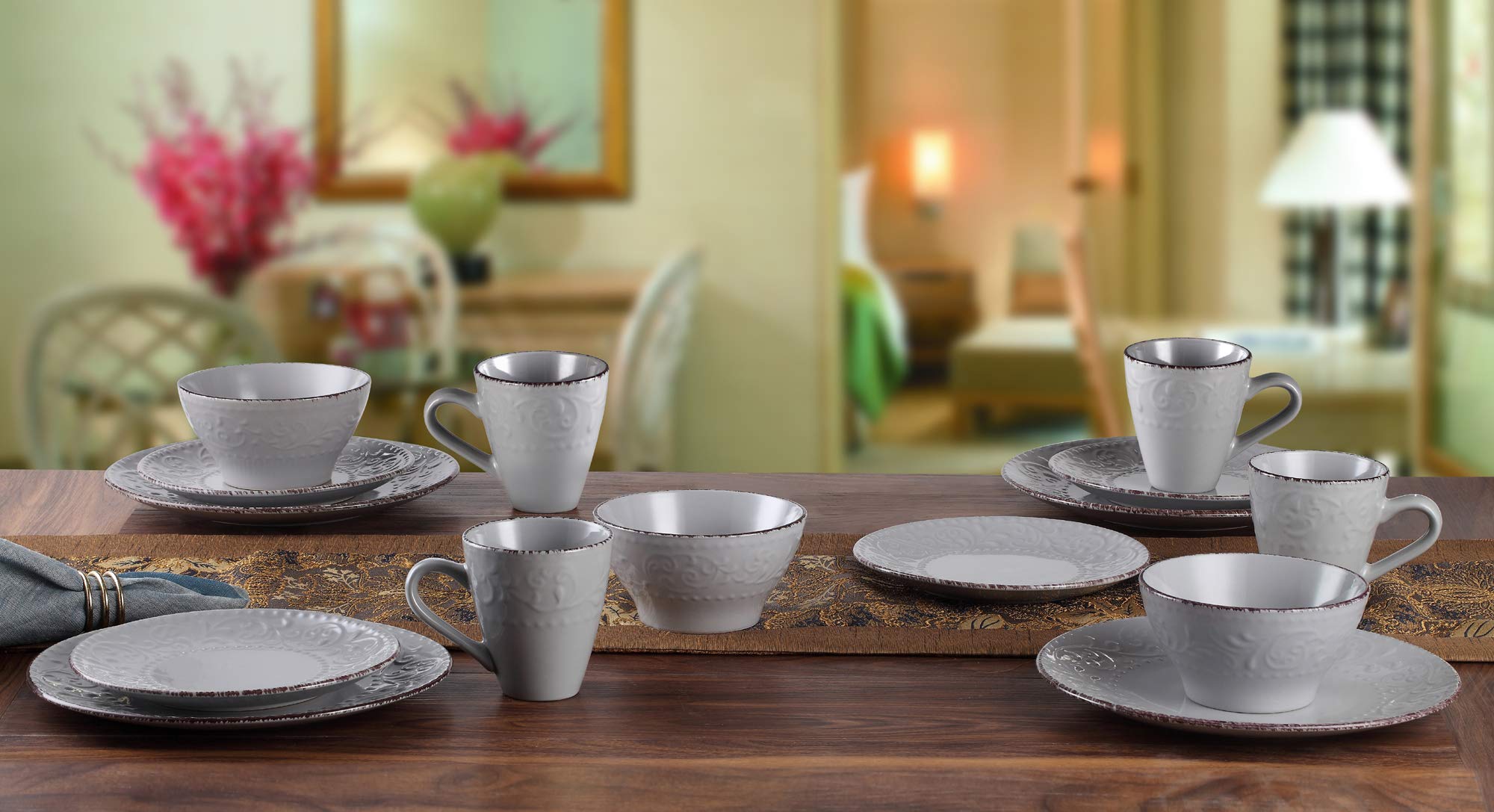 Elegant Modern Stoneware Scroll Dinnerware Set - 16-Piece Gray Tableware for Dinner Parties, Weddings & Entertaining | Durable Dish Set for Formal Dining & Special Occasions