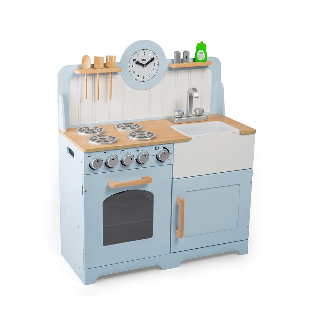 John John Tidlo Wooden Country Play Kitchen - Pretend Cooking Toy for Kids, Wooden Playhouse with Sink & Stove - Perfect for Imaginative Play, Birthday Gifts & Preschool Learning