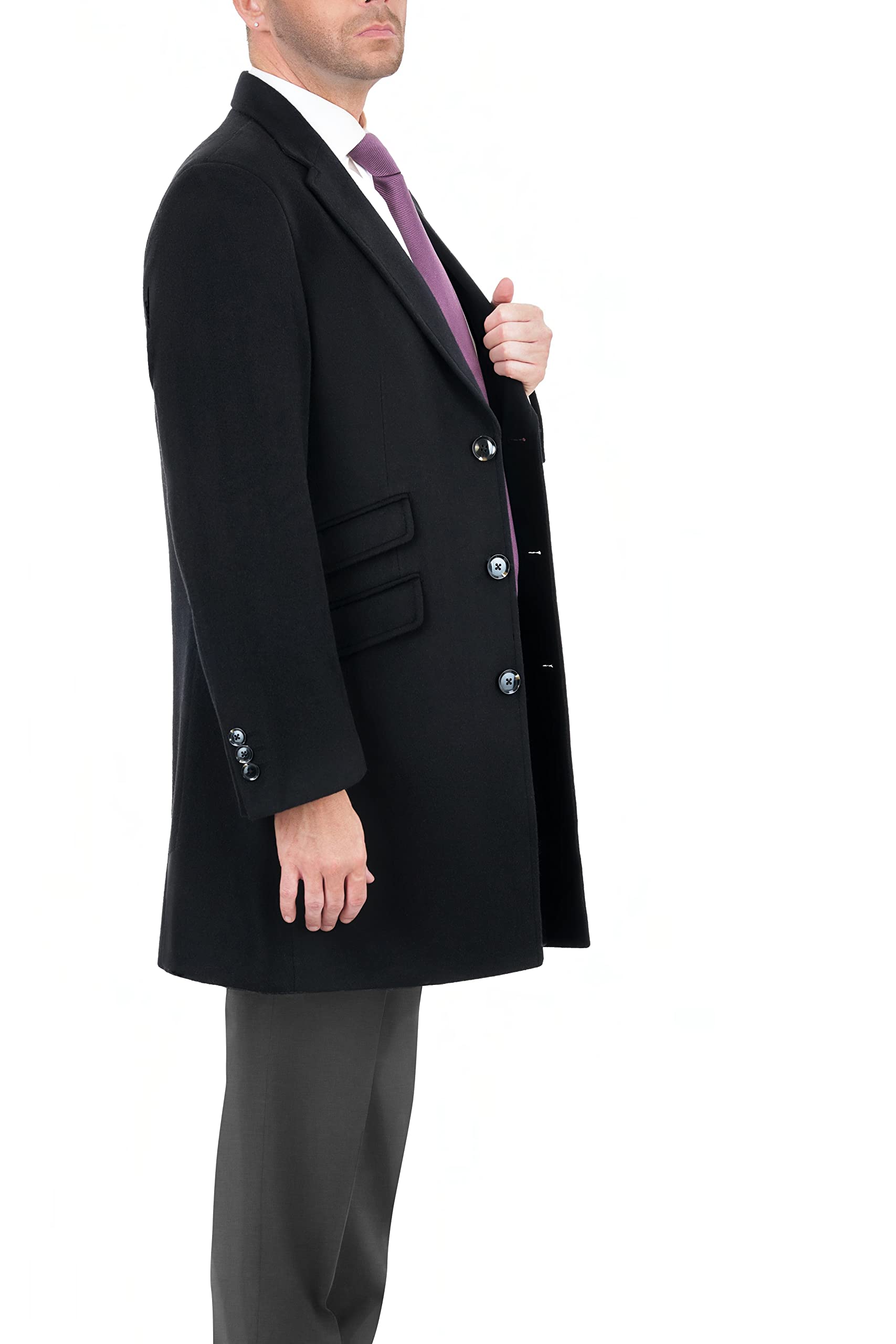 Premium Men's Wool Cashmere Blend Single Breasted Black 3/4 Length Top Coat - Winter Overcoat for Business, Formal Events & Cold Weather Fashion