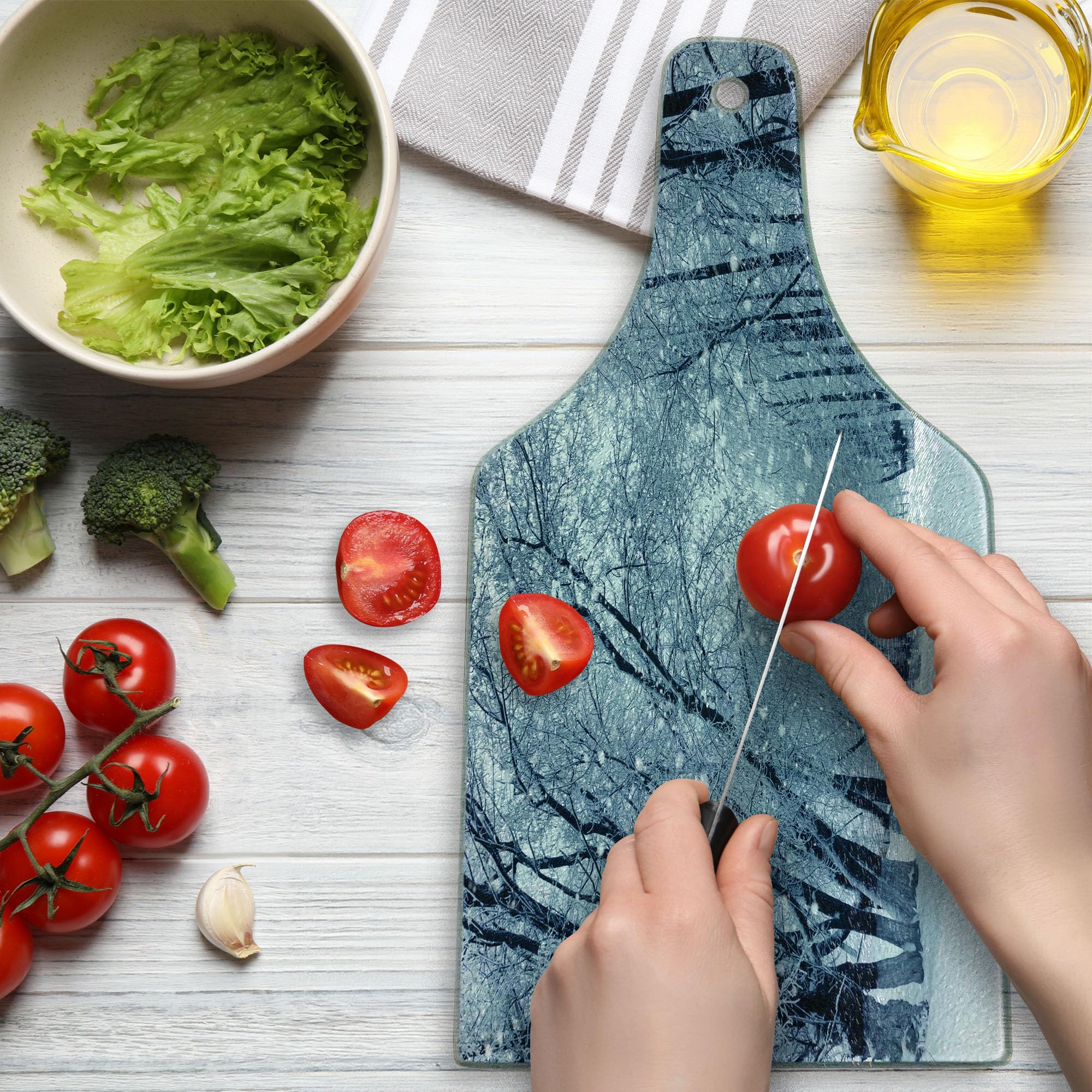 Ambesonne Winter Themed Tempered Glass Cutting Board - Snowy Forest Scenery with Wine Bottle Shape - Durable Serving Board for Cheese, Charcuterie & Holiday Entertaining - Pale Blue, Black & White Decorative Kitchen Accessory