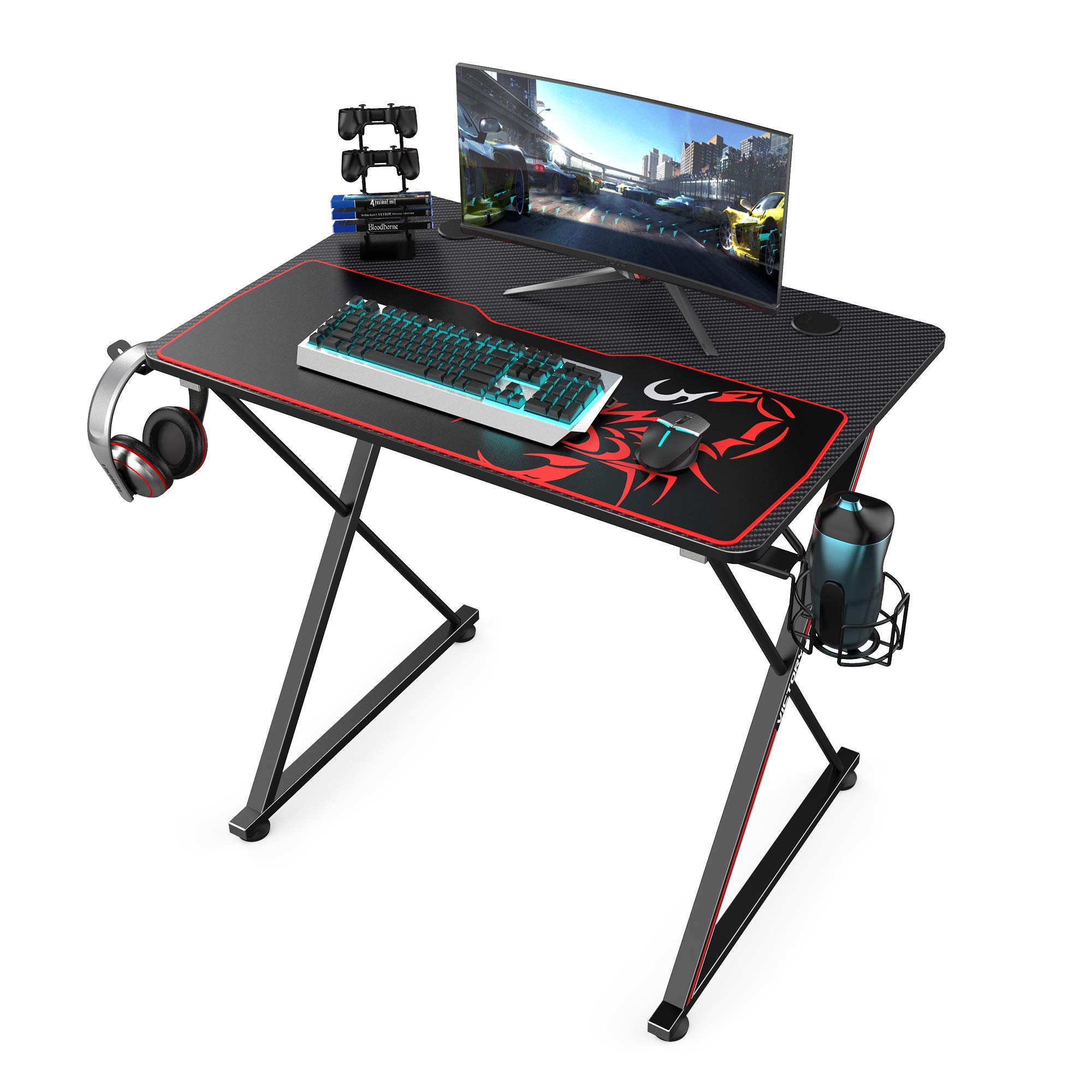 EUREKA ERGONOMIC 31-inch Small Gaming Desk for Kids - Carbon Fiber Surface PC Computer Desk with Mouse Pad, Controller Rack, Headphone Hook & Cup Holder | Compact Home Office & Gaming Setup for Bedroom, Dorm or Small Spaces