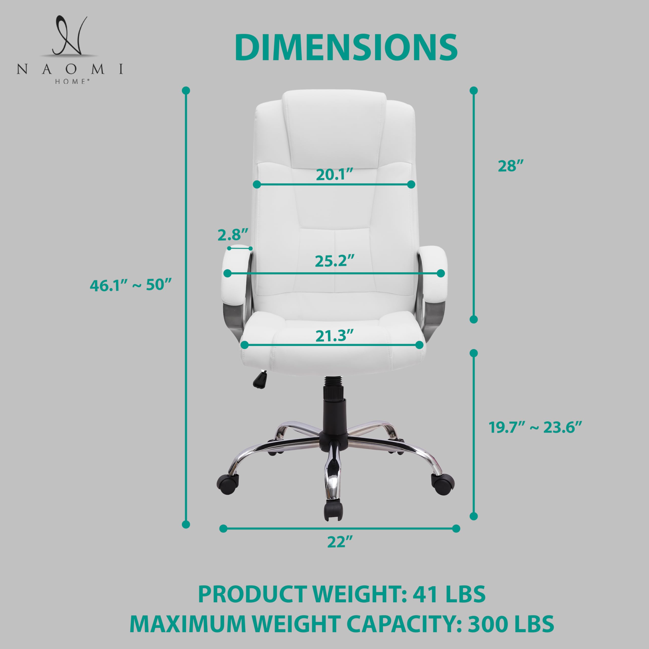 Premium Naomi Home Halle Executive Office Chair - High Back Ergonomic Desk Chair with Adjustable Height, Tilt & 360° Swivel - Lumbar Support & Padded Armrests - White Leather Computer Chair for Home & Office Use - Ideal for Long Work Hours, Gaming & Study Sessions