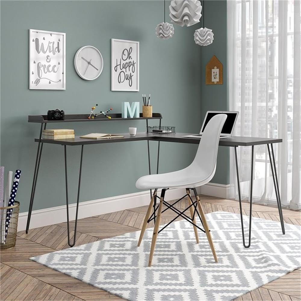 Mid-Century Modern L-Shaped Desk with Riser - Espresso Finish Home Office Computer Workstation for Small Spaces & Gaming Setup
