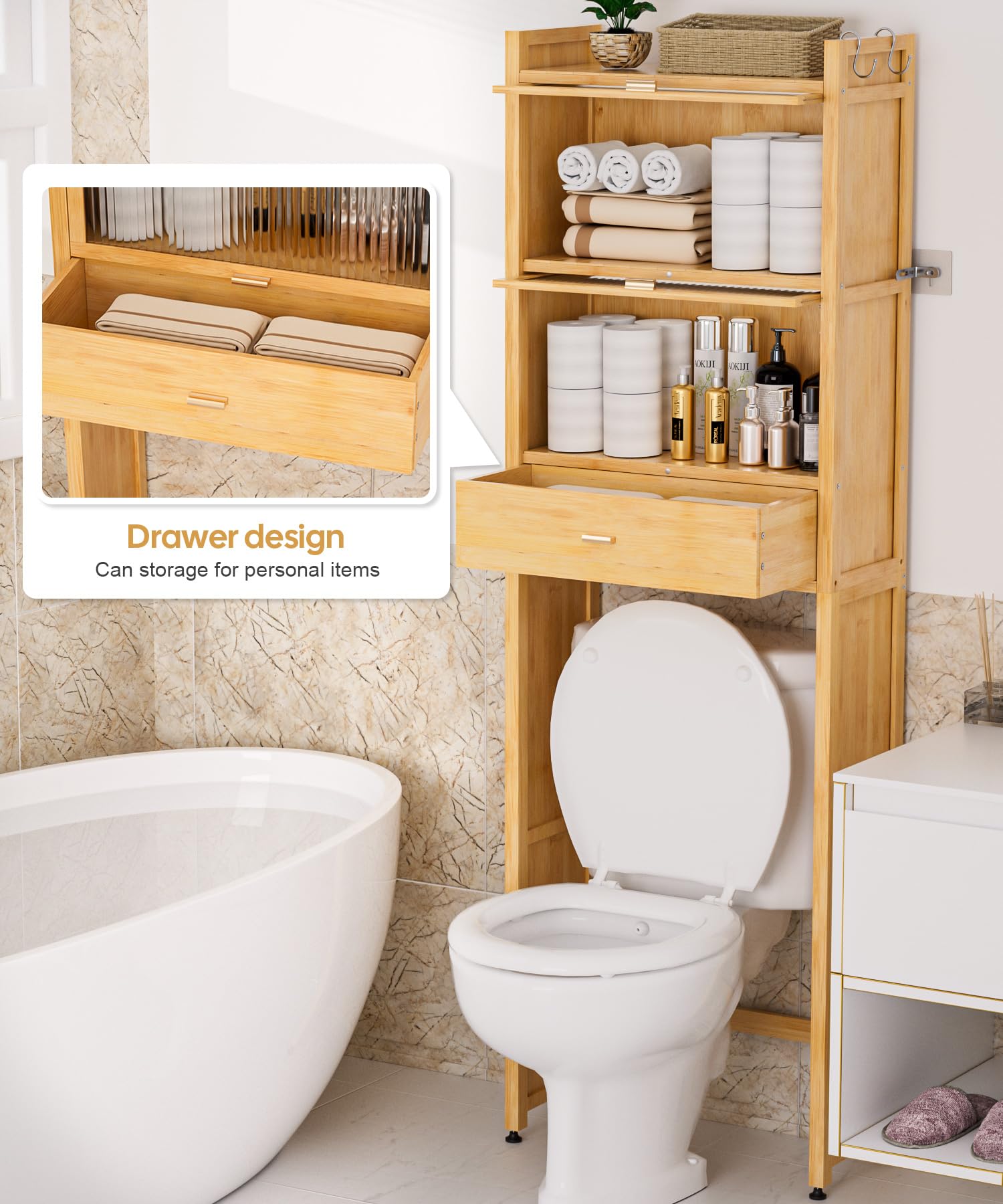 Over The Toilet Storage Cabinet with Drawer & Flip Door - Bamboo Bathroom Organizer Shelf | Anti-Tip Design, Waterproof Feet | Freestanding Space Saver for WC (Natural) - Perfect for Small Bathrooms, Apartments & Powder Rooms