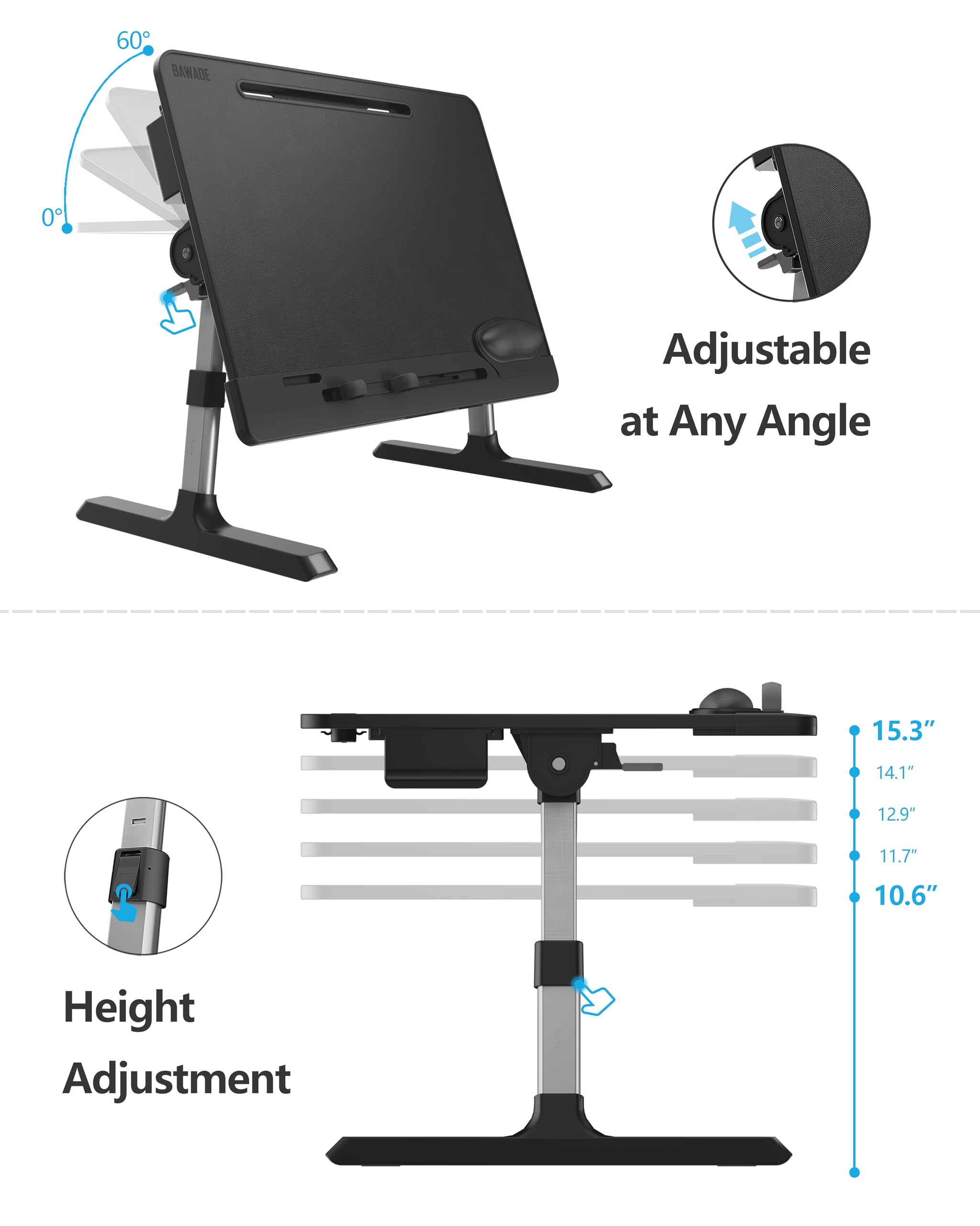 Adjustable Laptop Desk for Bed - XL Portable Laptop Table with Book Stand, Drawer, Wrist Cushion & Phone Holder - Perfect for Working, Studying, Writing & Eating in Bed or Sofa - Black