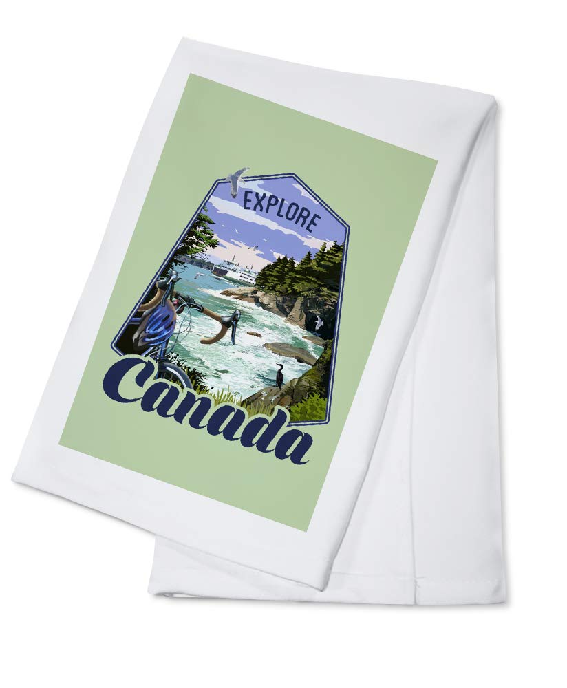 Canada Coastal Scene Bike and Ferry Contour 100% Cotton Tea Towel - Decorative Hand Towel for Kitchen, Bathroom & Home Decor | Perfect for Gifts, Dish Drying, and Farmhouse Style Decor