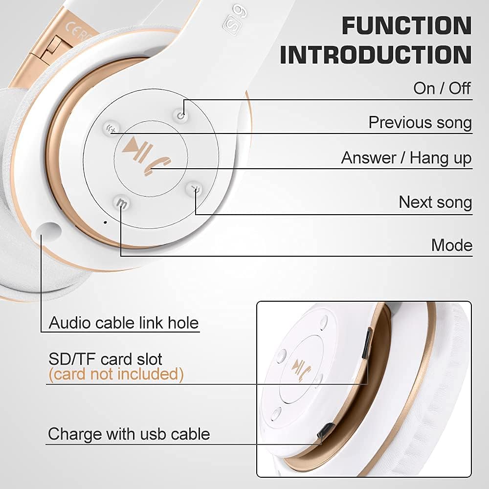 Premium 6S Wireless Bluetooth Headphones Over Ear - Hi-Fi Stereo Sound, Foldable Design with Built-in Mic & Volume Control - Compatible with iPhone, Samsung, iPad, PC (White & Gold) - Perfect for Travel, Workouts & Home Entertainment