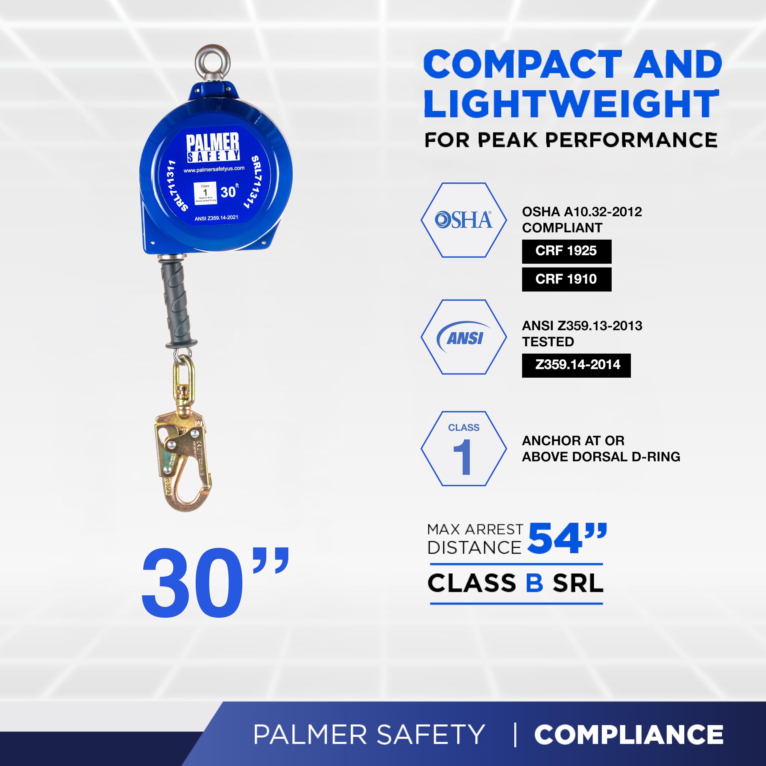 Palmer Safety SRD 30 FT Self Retracting Lifeline - ANSI Z359.14-2021 Class 1 Certified SRL Device with Swivel Top Galvanized Cable & Small Steel Snap Hook - Fall Arrest Safety Equipment for Construction, Roofing & Industrial Work