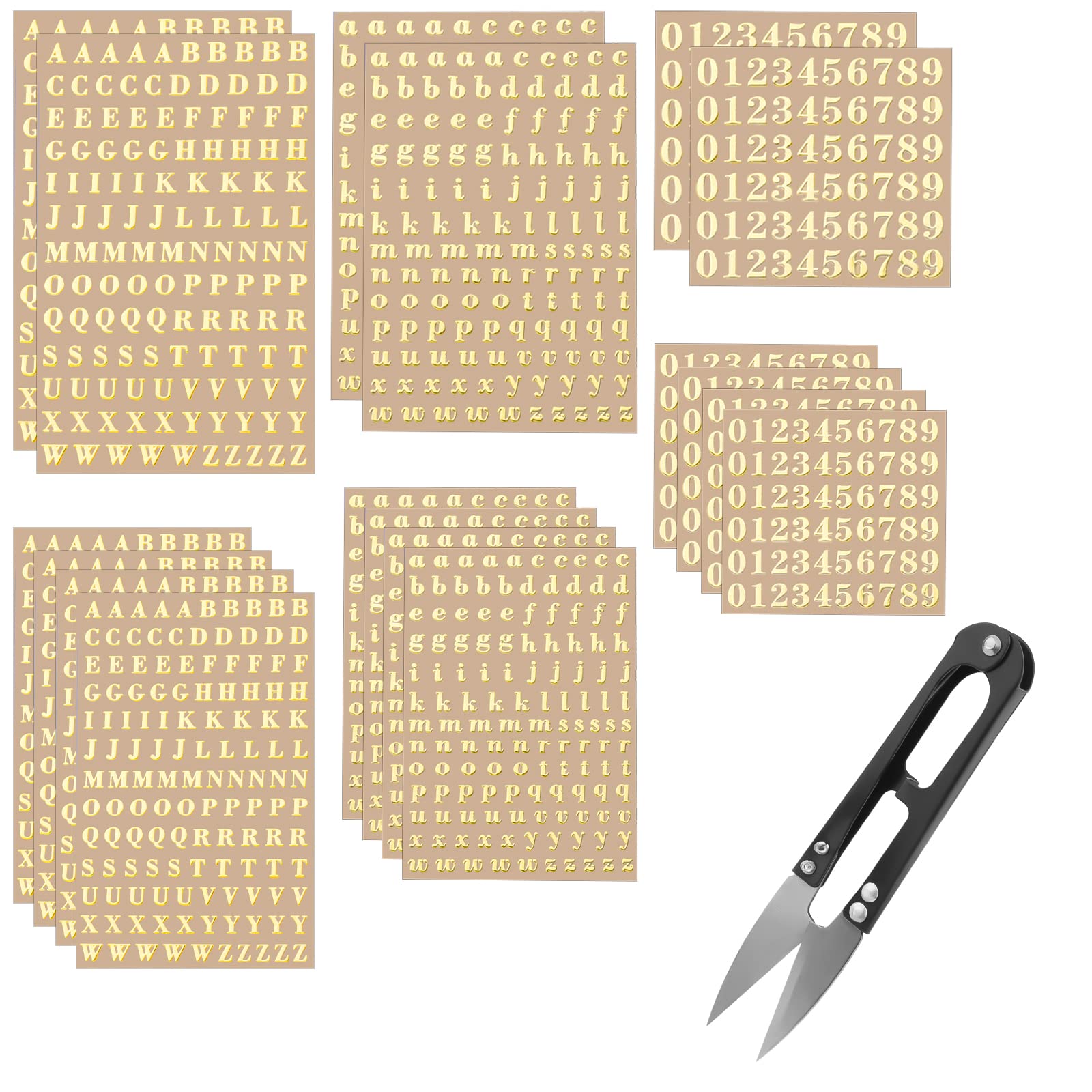 KINBOM 18 Sheets Small Gold Metallic Alphabet Stickers - Self-Adhesive Letter & Number Stickers for Nail Art, Scrapbooking, DIY Crafts, Journals - Includes Free Scissors (Golden)