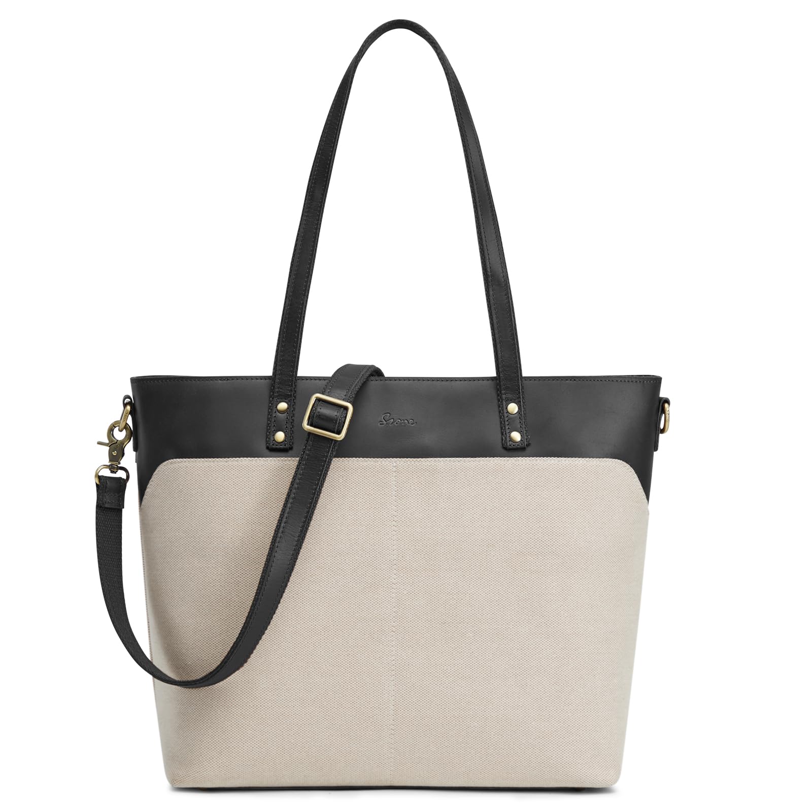 S-ZONE Women's Large Leather Canvas Tote Bag - Crossbody Shoulder Purse with Outside Pockets for Work, Travel & Daily Use