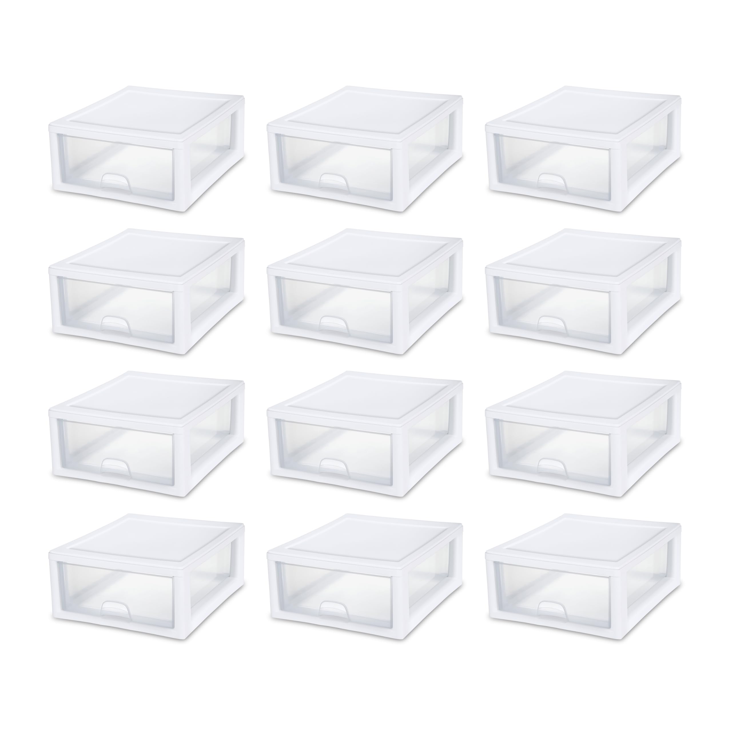 Sterilite 12-Pack Clear Plastic Stackable Drawers - 16 Quart Storage Bins with White Frame for Closet, Bedroom & Office Organization | Space-Saving Home Organizer Solution