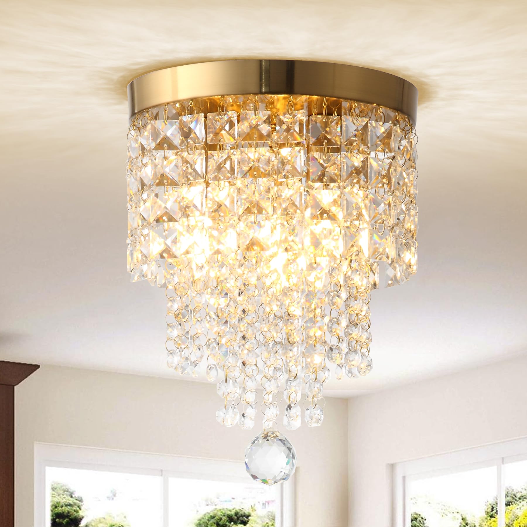 Modern Small 3-Light Gold Crystal Chandelier - Flush Mount Ceiling Pendant Lighting Fixture for Bedroom, Hallway, Living Room, Kitchen & Dining Room - Elegant Home Decor & Ambient Lighting Solution