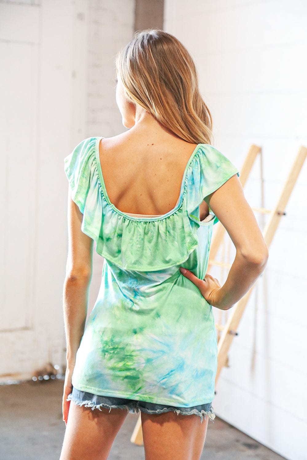 Trendy Lime Green Square Neck Ruffle Tie-Dye Tank Top for Women | Summer Casual & Beach Wear | Perfect for Vacations, Music Festivals, and Daytime Outings