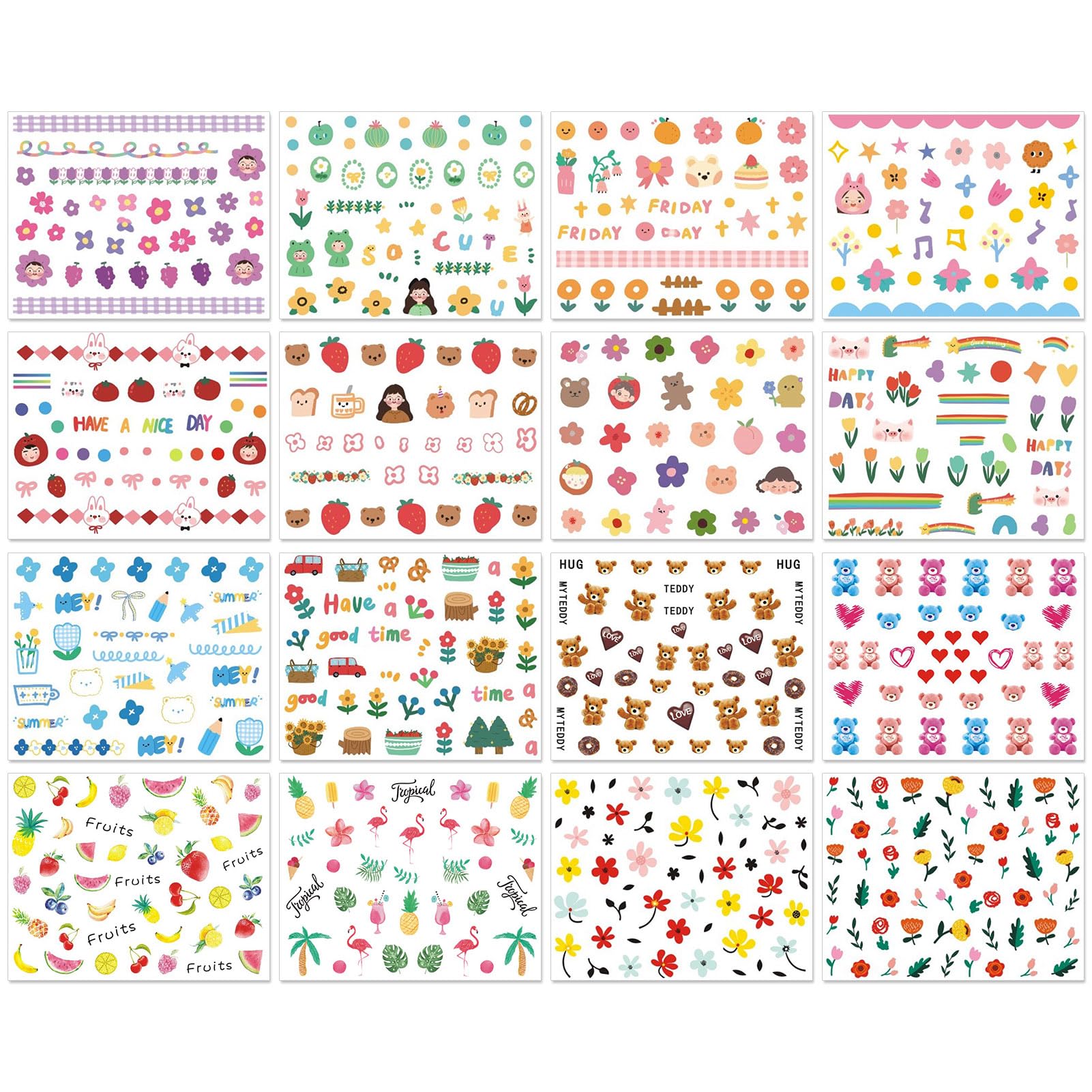 16 Sheets Kids Nail Stickers - Cute 3D Self-Adhesive Nail Art Decals with Flowers, Leaves, Animals & Fruits Designs for Girls & Toddlers | DIY Manicure for Parties, Playdates & Dress-Up Fun