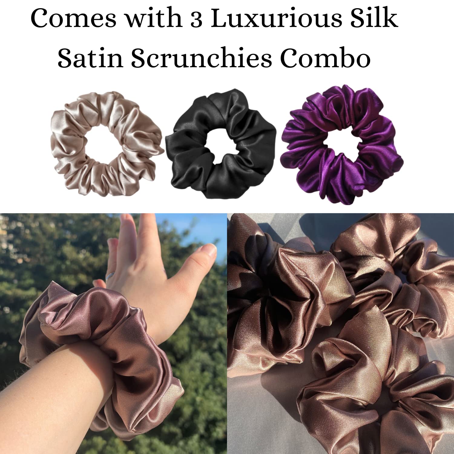 Candibella Women's Adjustable Satin Silk Bonnet for Sleeping & Hair Protection - Includes 3 Premium Scrunchies & Ribbon Tie Band - Ideal for Curly Hair & Nighttime Care - Rose Taupe Satin Hair Wrap for Women (Perfect for Travel, Home & Salon Use)