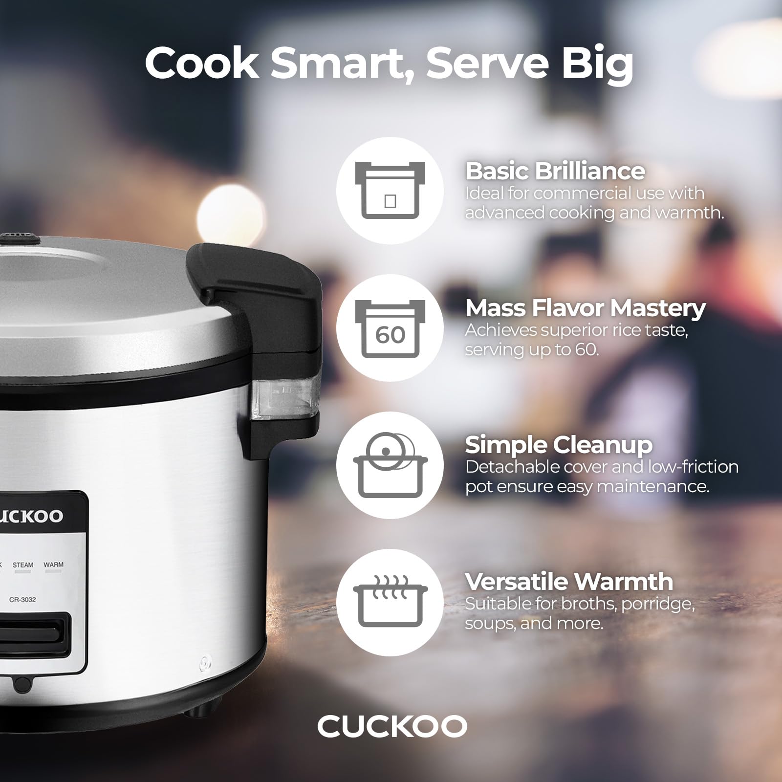 CUCKOO CR-3032 30-Cup Uncooked / 60-Cup Cooked Large Capacity Commercial Rice Cooker & Food Warmer with Nonstick Inner Pot, Switch Press (Silver/Black) - Perfect for Restaurants, Catering & Large Family Gatherings