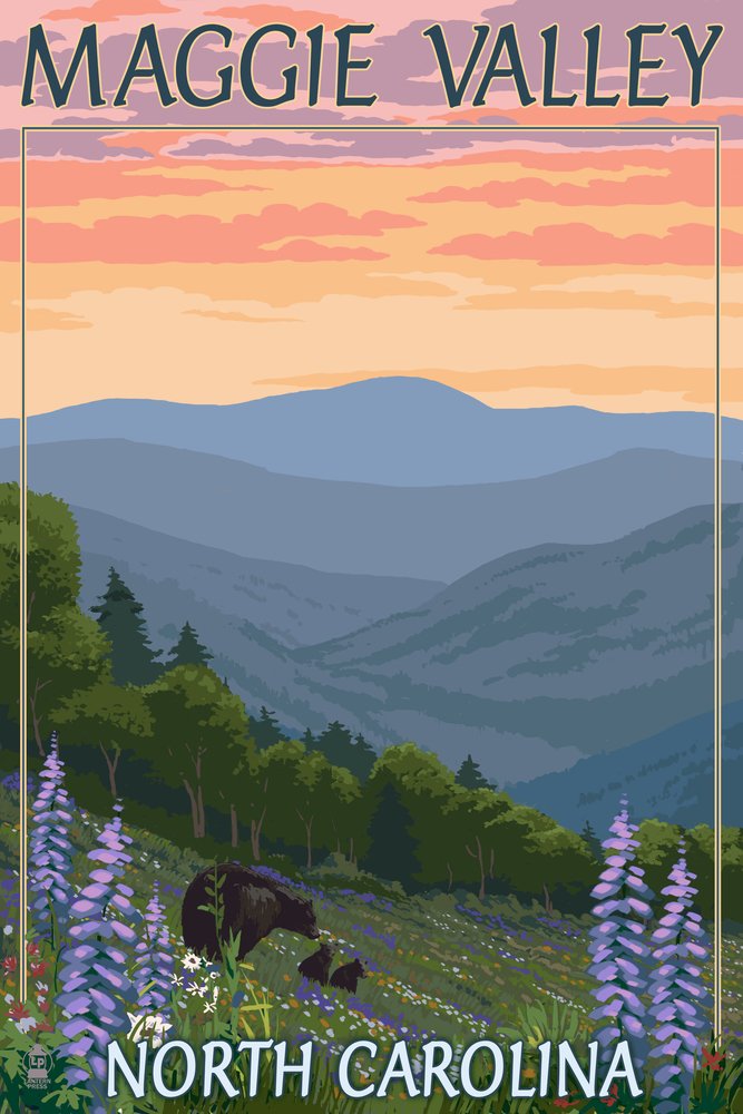 12x18 Gallery Quality Bear Family & Spring Flowers Metal Art - Aluminum Wall Decor for Home & Office - Maggie Valley, North Carolina Landscape Artwork