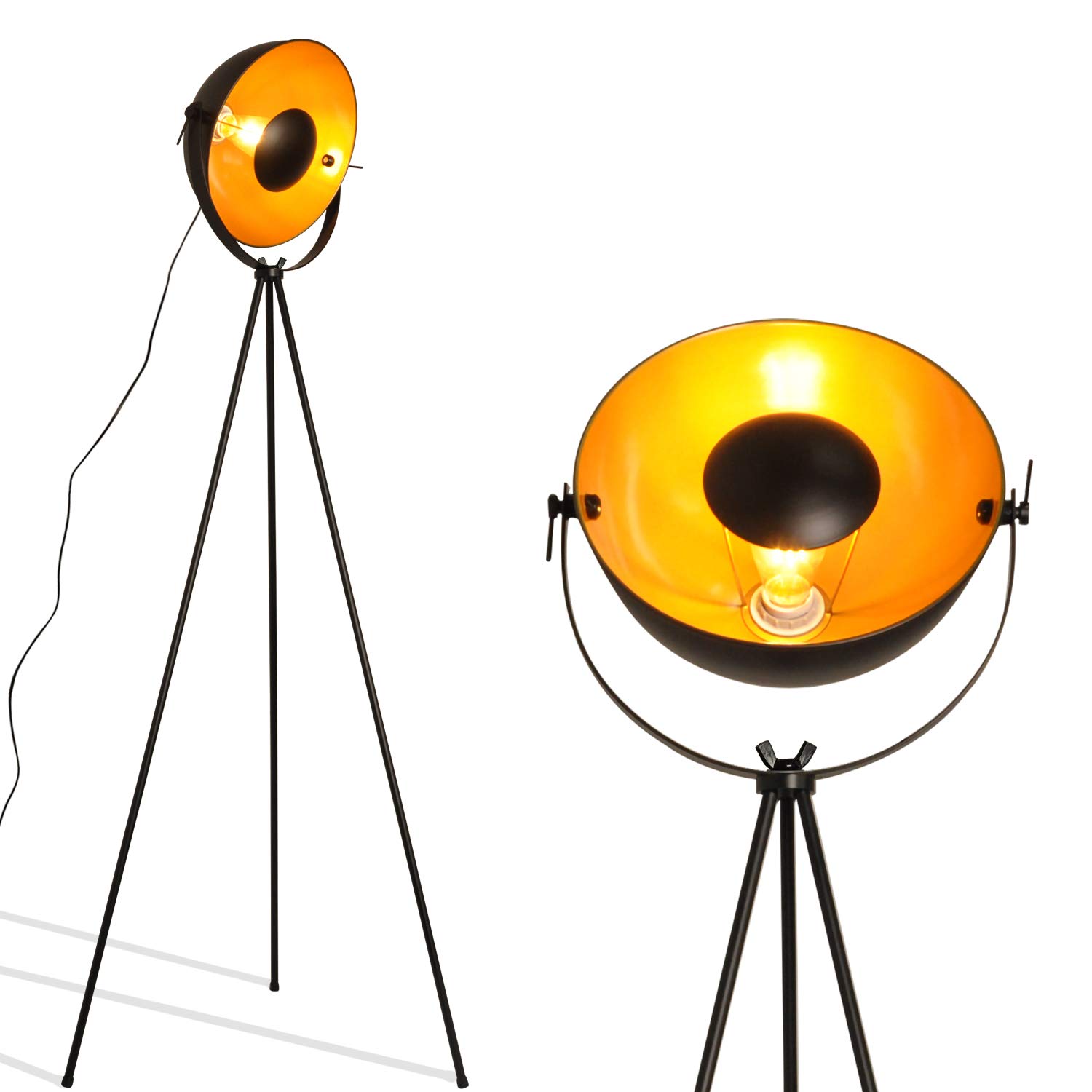 COSYLUX Industrial Tripod Floor Lamp - Modern Black & Gold Standing Light for Living Room, Bedroom, Office - Adjustable Height Tall Lamp for Reading, Relaxing, Decor (Bulbs Not Included)
