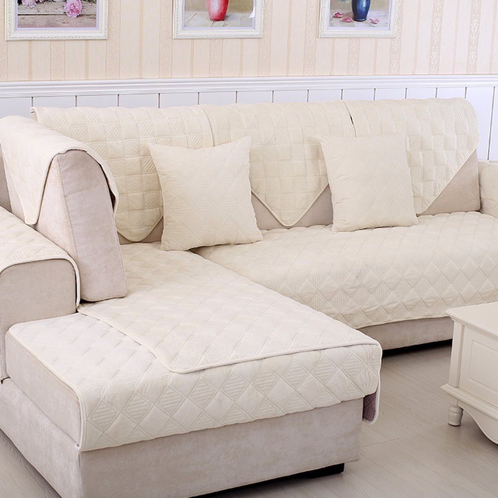 Premium Flannel Sofa Slipcover - Solid Beige, Anti-Slip, Thickened Fabric - 110x180cm (43x71inch) - Universal Fit for Couches, Sectionals & Loveseats - Perfect for Living Room, Family Room & Home Theater Furniture Protection