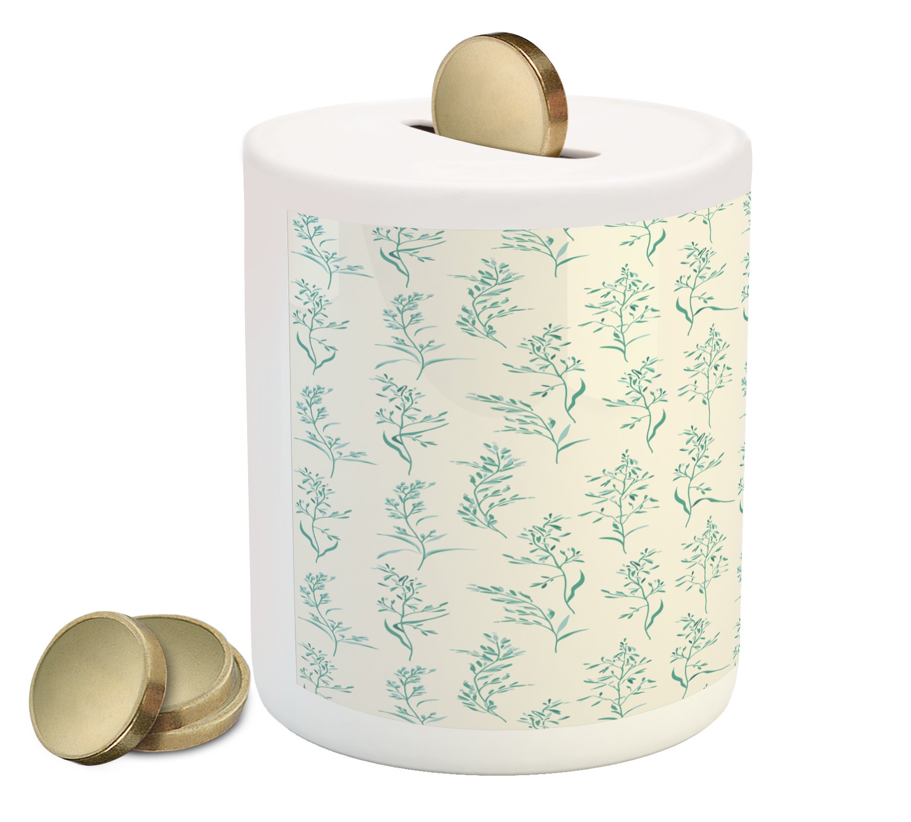 Ambesonne Floral Ceramic Piggy Bank - Botanical Herbs & Flower Design Money Box for Cash Savings (Green Cream) - Perfect for Home Decor, Kids Savings & Gift Giving