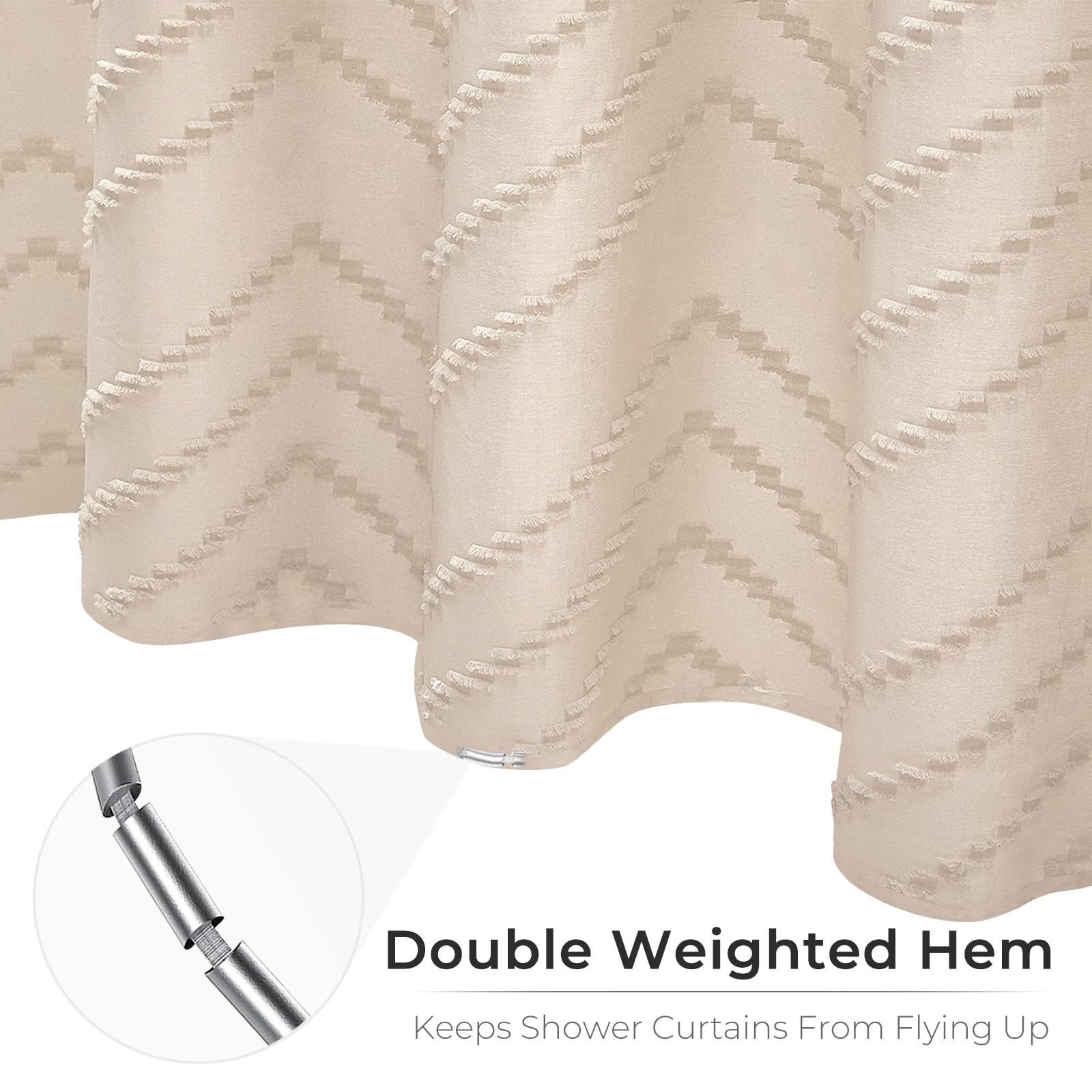 Beige Boho Shower Curtain 72x72 - Modern Farmhouse Bathroom Decor with Bohemian Chic Tufted Chevron Texture & Minimalist Striped Design - Woven Fabric Shower Curtain for Spa, Guest Bath & Master Bathroom