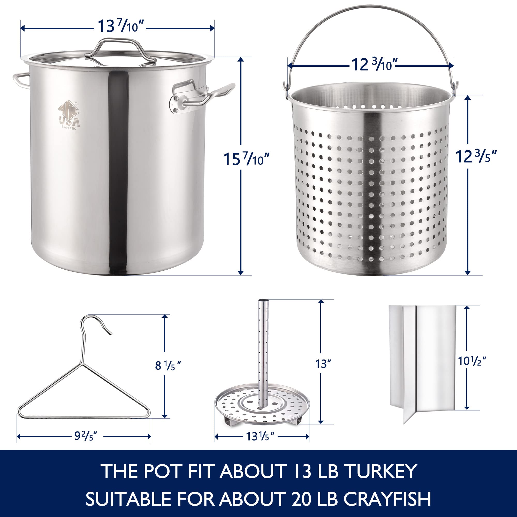 ARC Advanced Royal Champion 40QT Stainless Steel Stockpot with Basket Divider & Hook - Perfect for Seafood Boil, Crab Crawfish Cooking, Turkey Frying, Lobster Shrimp Boiling, Home Brewing & Outdoor Camping