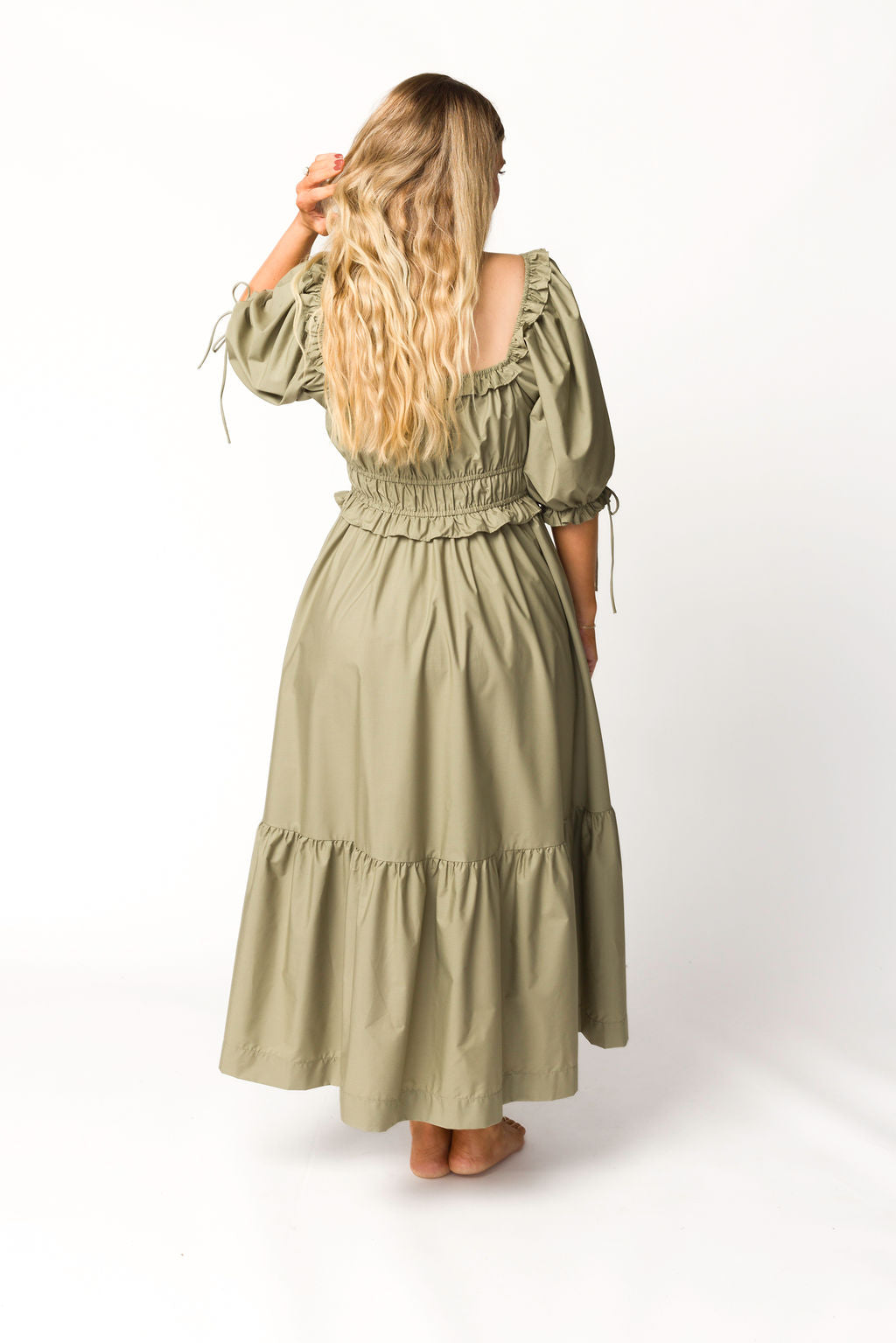 Crissy Ruched Midi Dress in Dusty Olive - Bump Friendly Maternity Dress for Women, Stretchy Bodycon Dress for Pregnancy & Nursing - Perfect for Baby Showers, Date Nights & Special Occasions