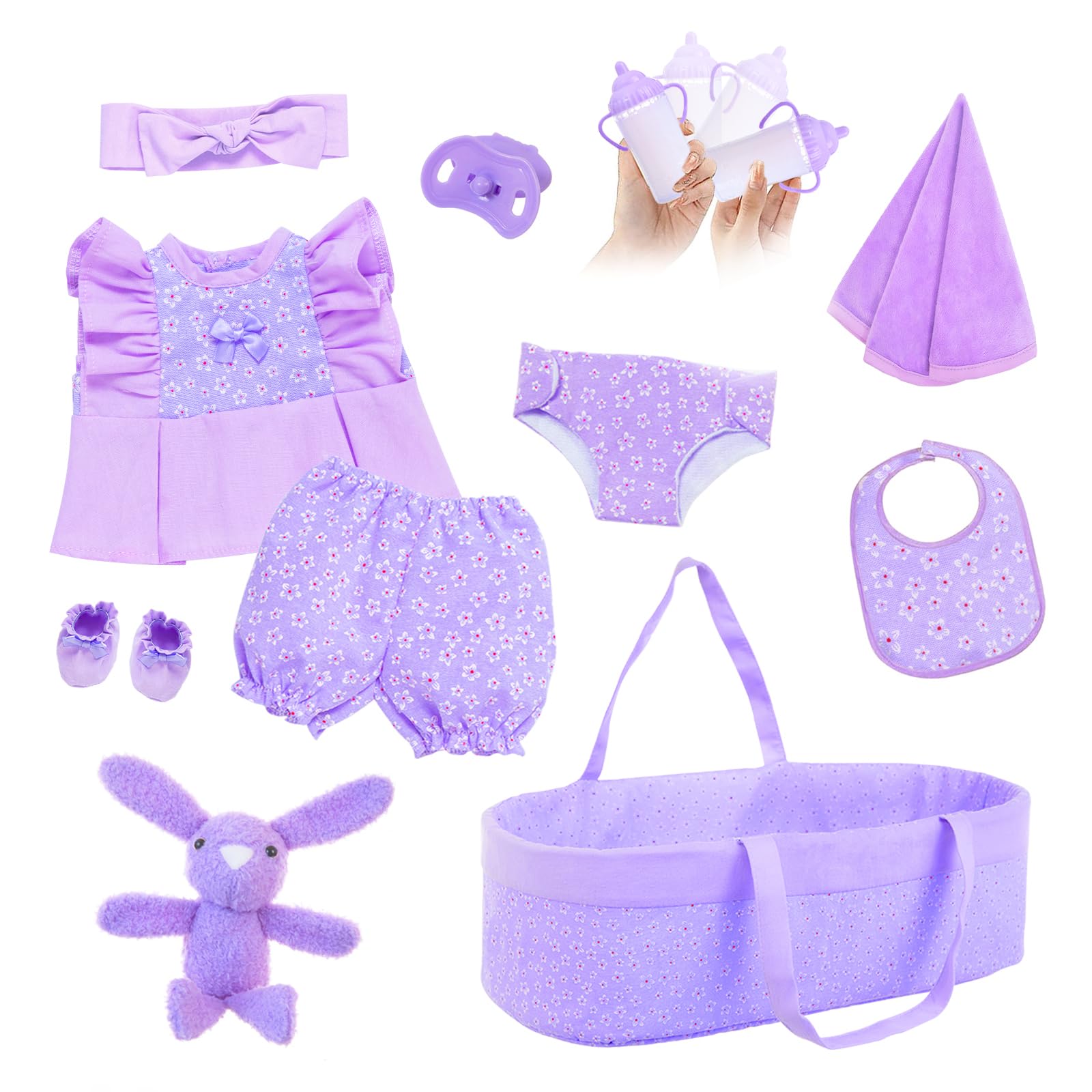 11-Piece Purple Floral Baby Doll Clothes Set with Bassinet & Accessories for 16-18 Inch Reborn Dolls | Perfect for Dress-Up, Role Play & Gift Giving