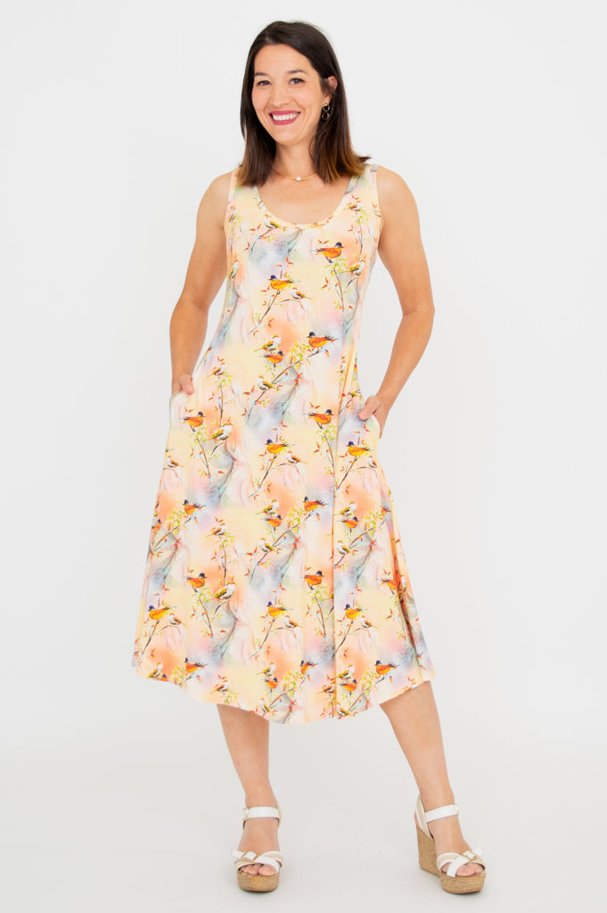 Evangelina Dress - Songbird Print Bamboo Fabric Flowy Summer Dress for Women | Perfect for Beach Vacations, Garden Parties & Casual Outings
