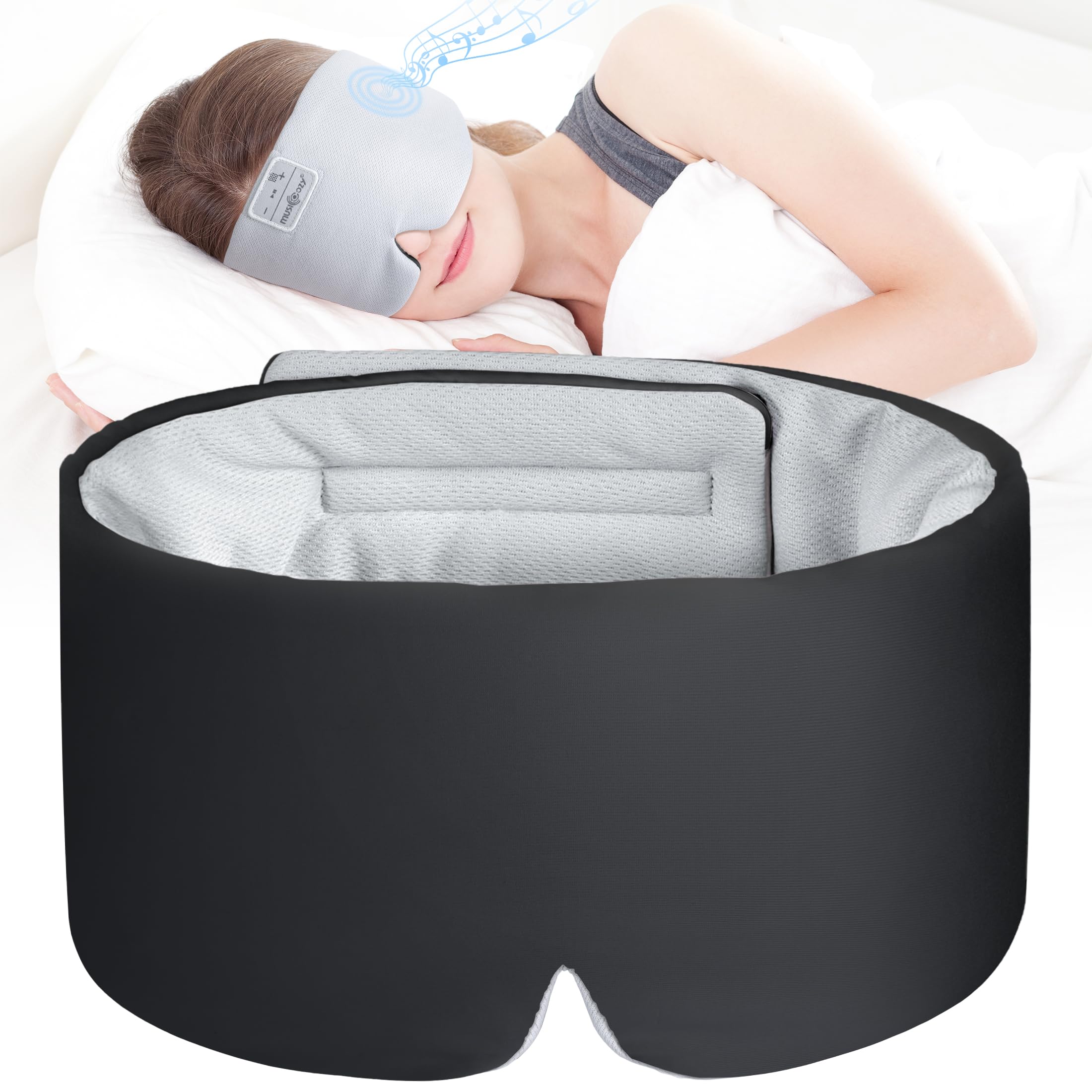 Musicozy Bluetooth Sleep Headphones & Eye Mask - Wireless 5.4 Ice Silk Headband for Sleeping in Total Darkness, Soft Comfortable Sleep Aid for Men & Women (Black) - Perfect for Travel, Meditation & Night Relaxation