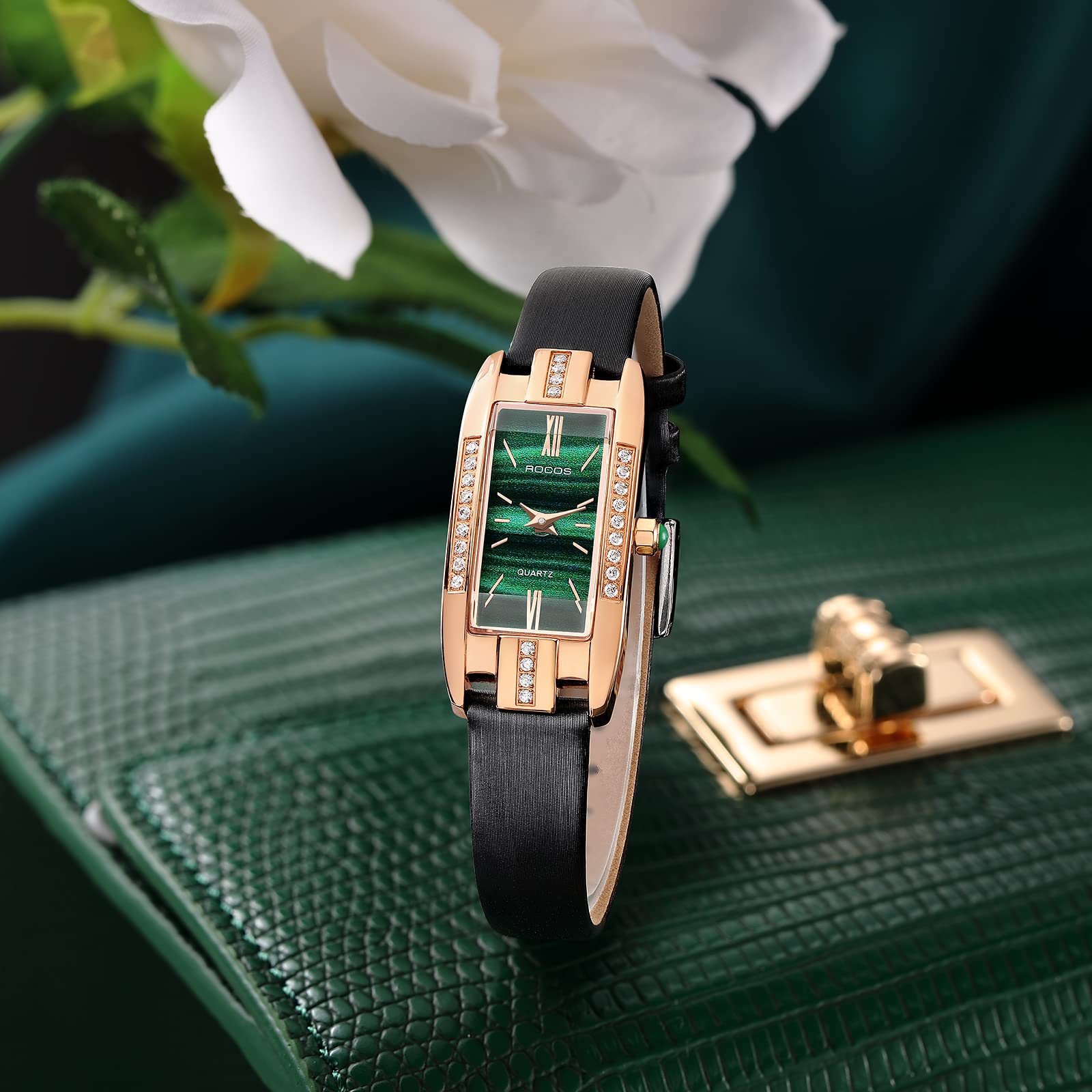 Elegant Women's Watches with Green/Red Dial & Leather Strap - Fashion Quartz Analog Dress Watch for Ladies - Waterproof Casual Diamond Wristwatch RW0209S - Perfect for Office, Party & Everyday Wear