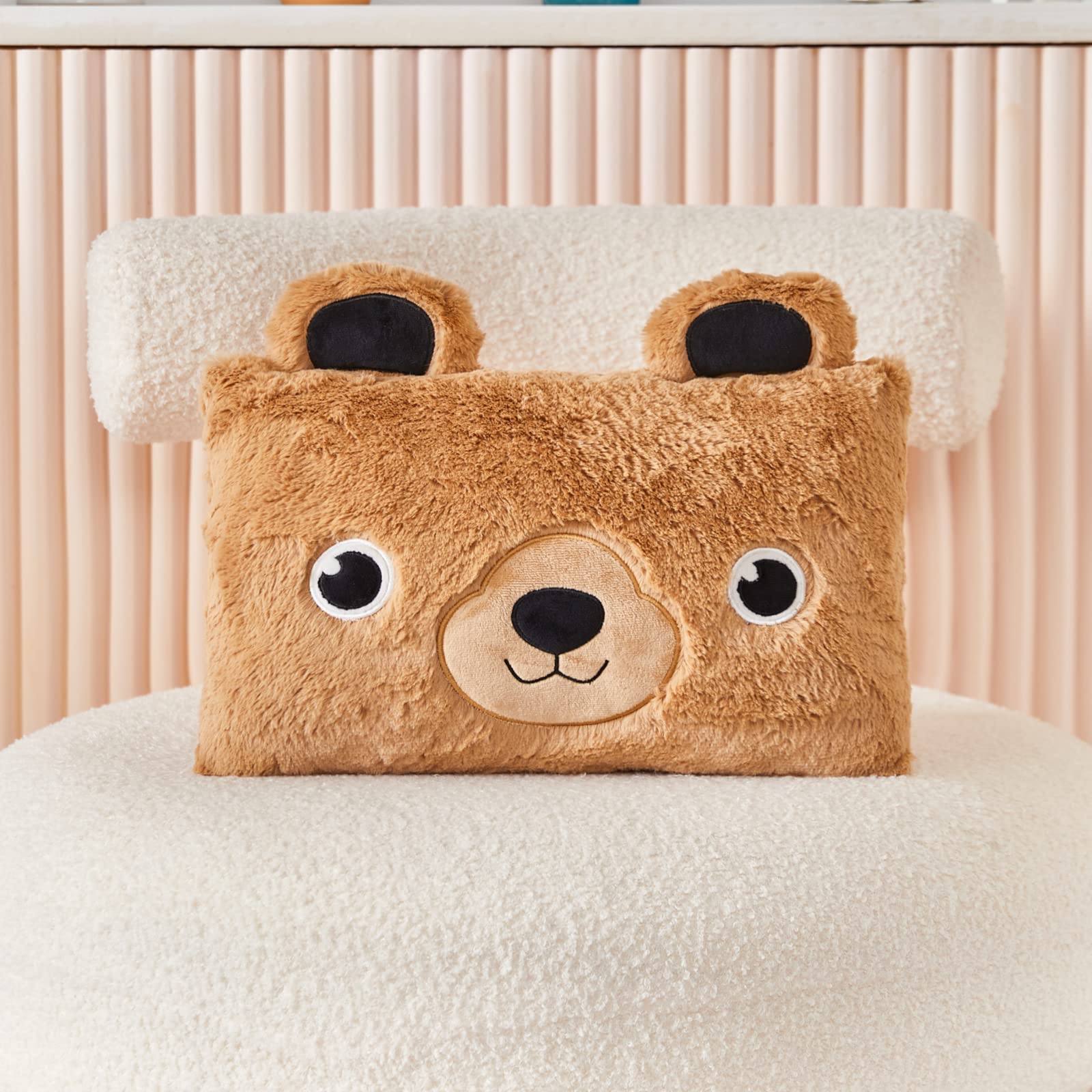 Soft Plush Teddy Bear Lumbar Pillow for Kids - Super Cozy Cuddle Throw Pillow (10x16 Inches, Brown) - Perfect for Bed, Sofa, and Travel Comfort