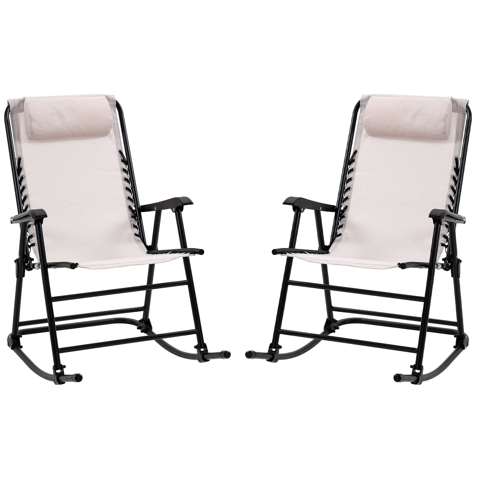 Outsunny 2-Pack Folding Rocking Chairs with Pillows - Portable Outdoor Rocker for Patio, Lawn, Beach, Camping & Fishing - Cream White - Perfect for Relaxing in Backyard, Garden or Seaside