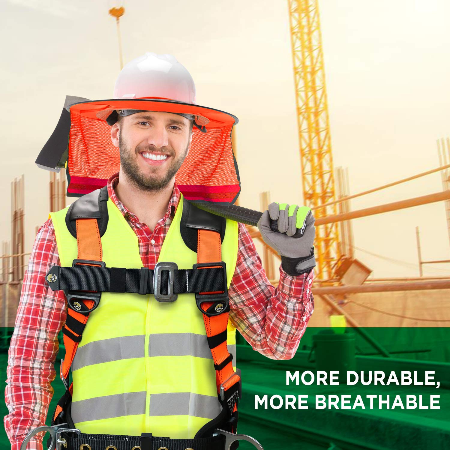 Wolf High-Visibility Orange ANSI Certified Reflective Full-Brim Hard Hat with Mesh Sun Visor & Neck Shade - Construction Safety Helmet for Outdoor Work, Roadside Crews & Nighttime Visibility