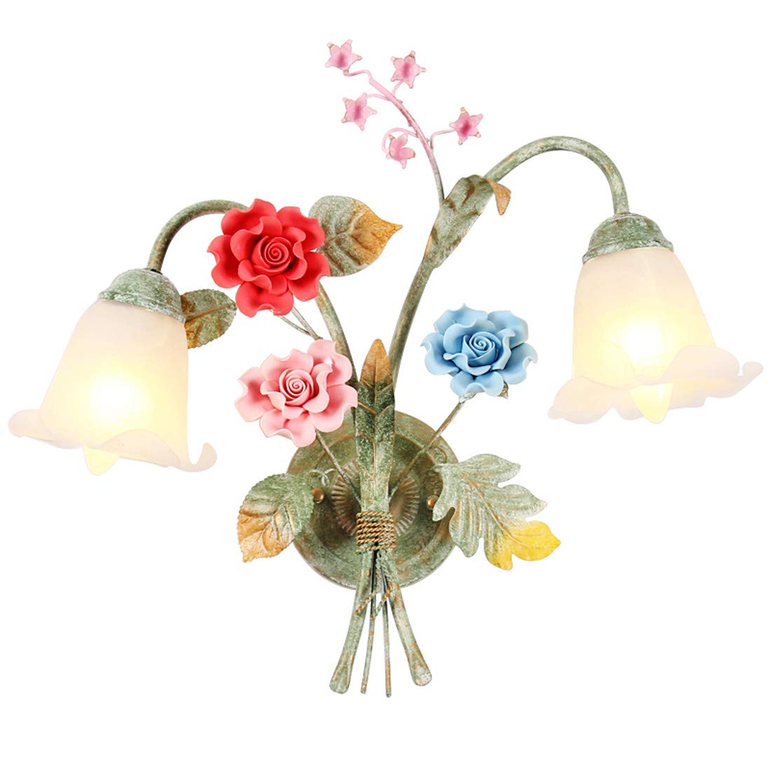 Rustic 2-Arm Wall Lamps with Floral Glass Shades - Ceramic Rose Wall Sconce Lighting for Bedroom, Living Room, Hallway & Balcony | Perfect for Farmhouse, Cottage & Vintage Home Decor