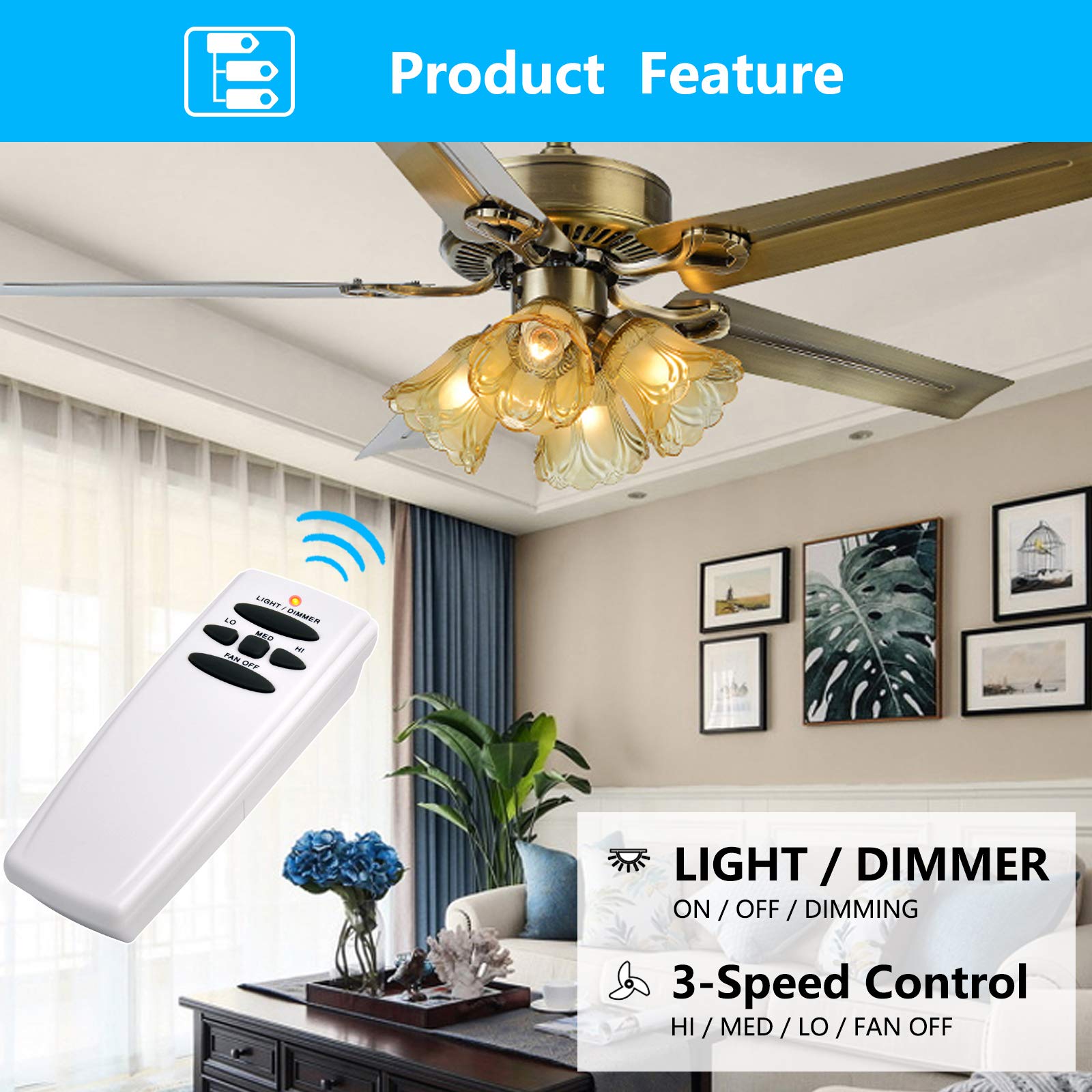 Universal Ceiling Fan Remote Control & Receiver Kit - 3-Speed with Light Dimmer, Compatible with Hampton Bay, Hunter, Harbor Breeze (Replaces FAN28R, FAN-53T, L3H2010FANHD, CHQ7078T, UC7078T, Fan-HD, HD5) - Perfect for Bedroom, Living Room & Outdoor Spaces