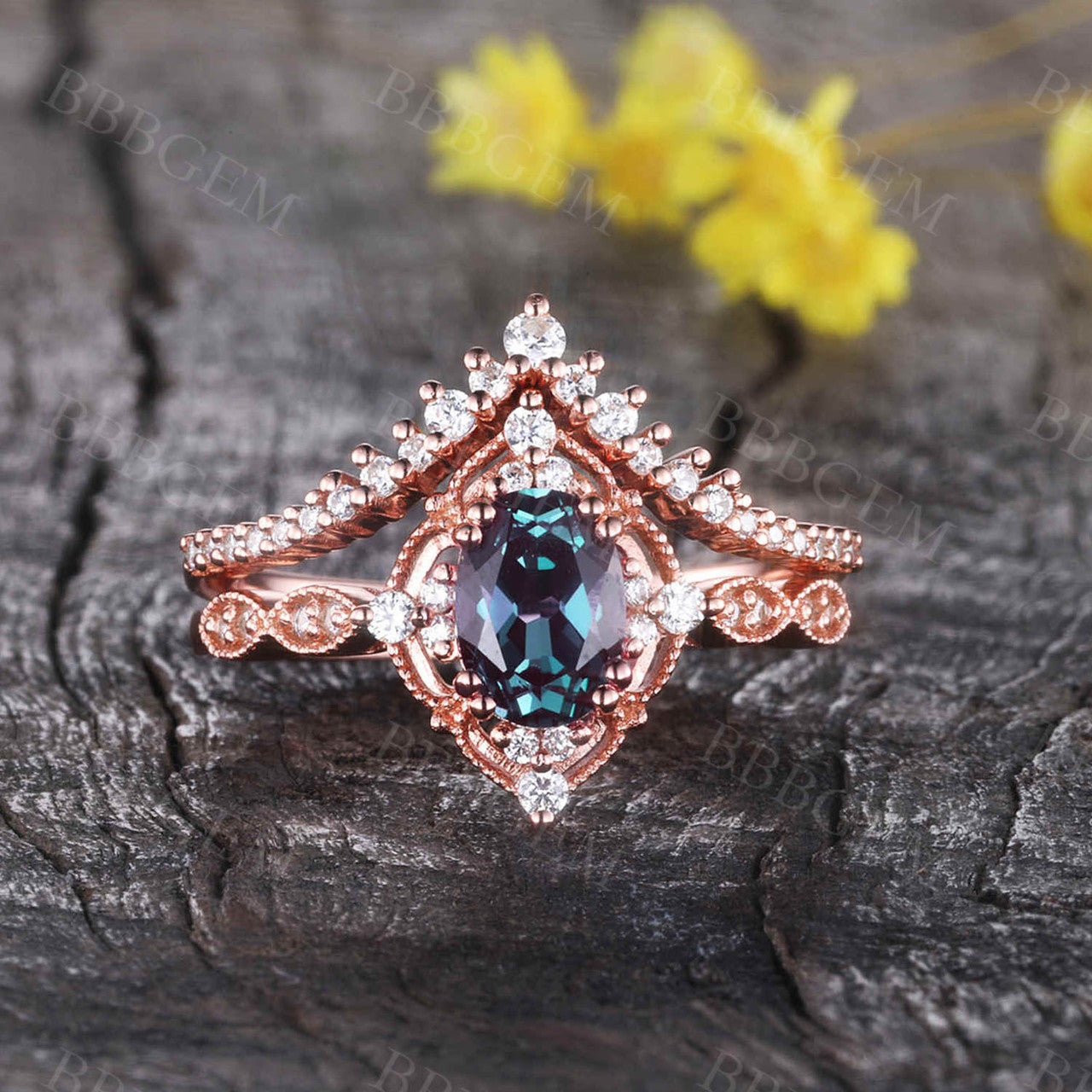 Rose Gold Alexandrite Bridal Ring Set with Oval Cut 6x8mm Diamond & V-Shape Matching Band - Milgrain Filigree Engagement Ring for Women | Perfect for Proposals, Weddings & Anniversary Gifts