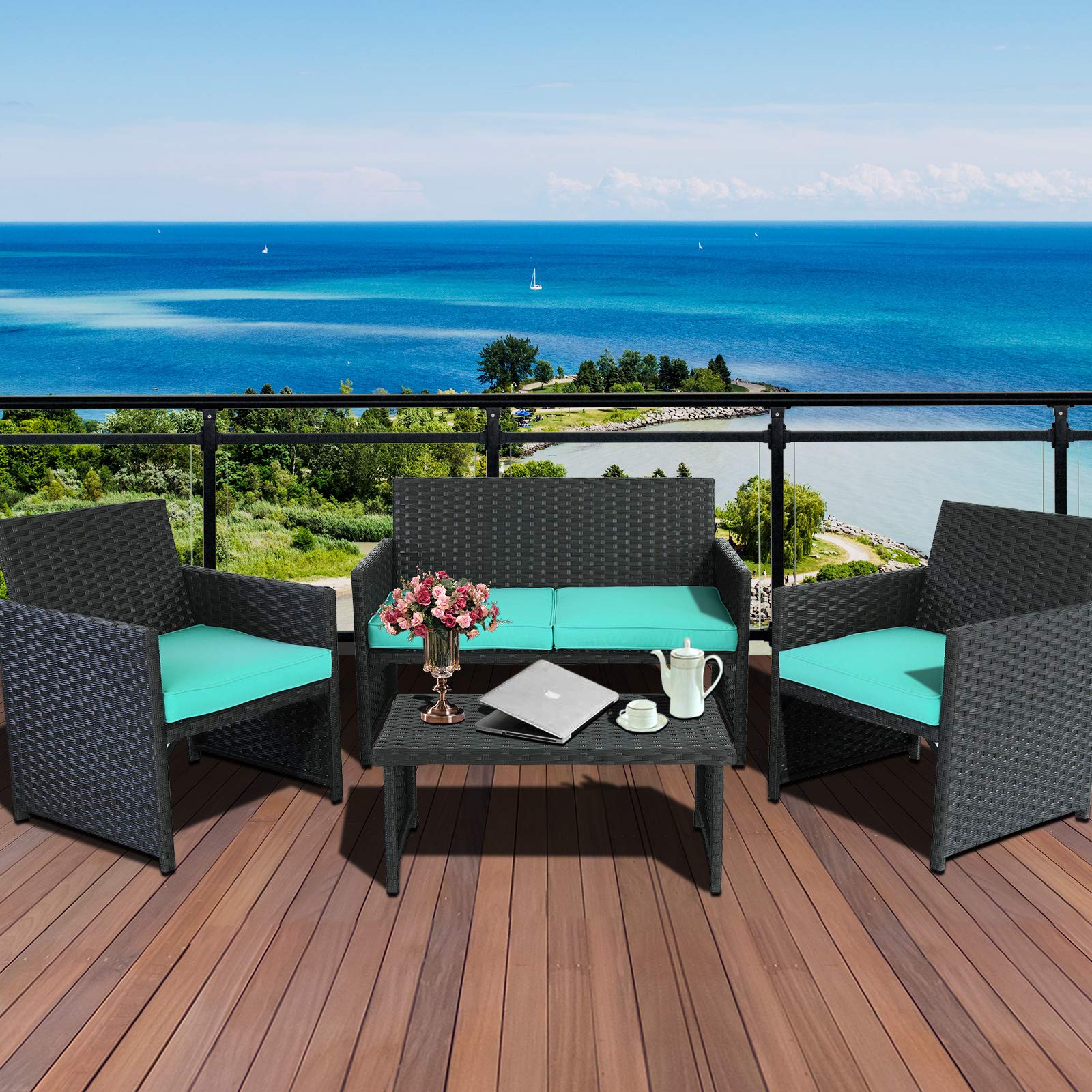 4-Piece Wicker Patio Furniture Set - Outdoor Rattan Sofa & Armchair with Coffee Table & Turquoise Cushions - Perfect for Garden, Poolside & Backyard Relaxation