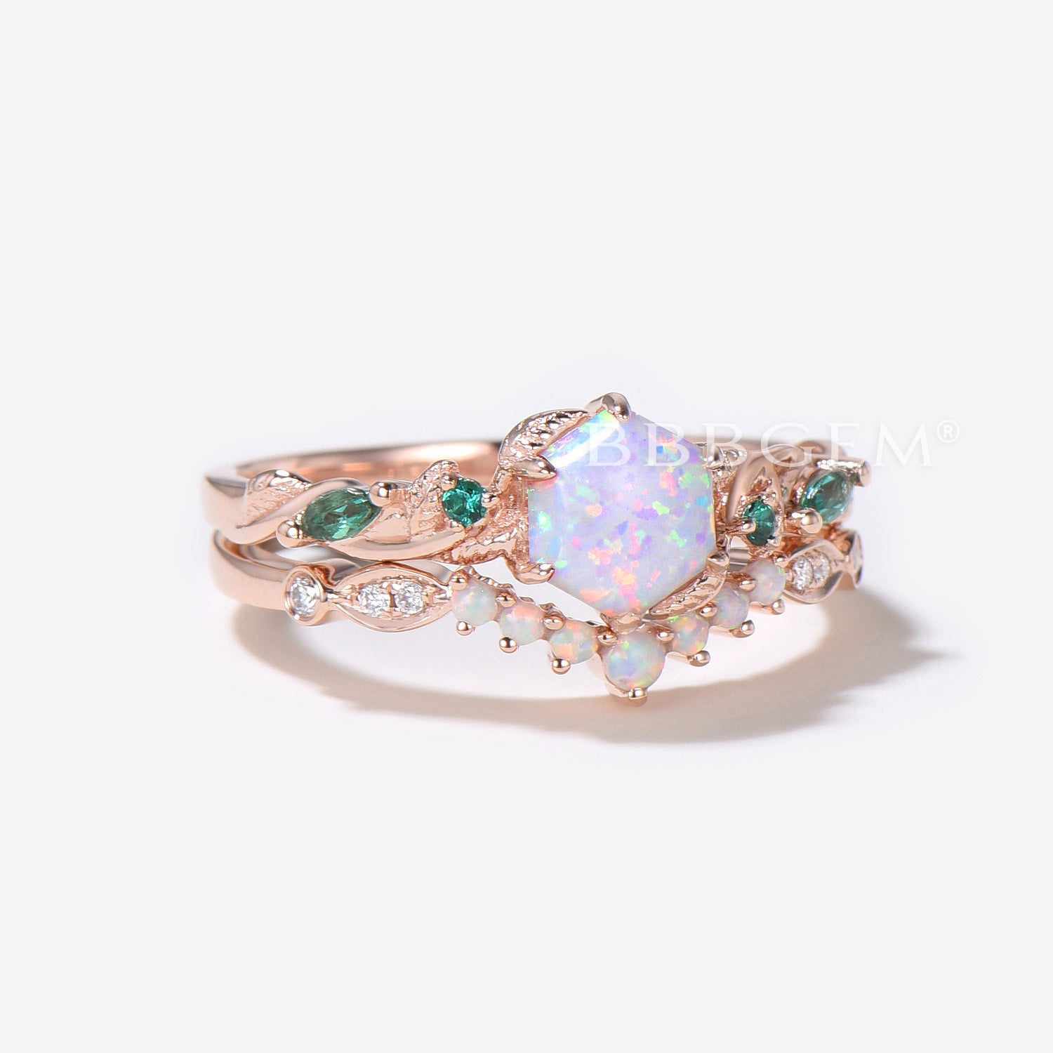 10K Rose Gold Hexagon Cut White Opal Engagement Ring Set - Nature Inspired Leaf Vine Bridal Ring with October Birthstone | Perfect for Weddings, Anniversaries & Nature-Themed Jewelry Lovers