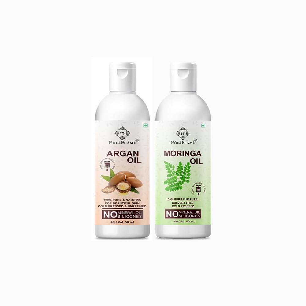 PuriFlame 100% Pure Argan Oil & Moringa Oil Combo Set - 50ML Each for Hair Growth, Anti Hair Fall, Split Ends Repair - Promotes Soft, Shiny & Healthy Hair (Pack of 2) - Perfect for Daily Hair Care & Scalp Treatment