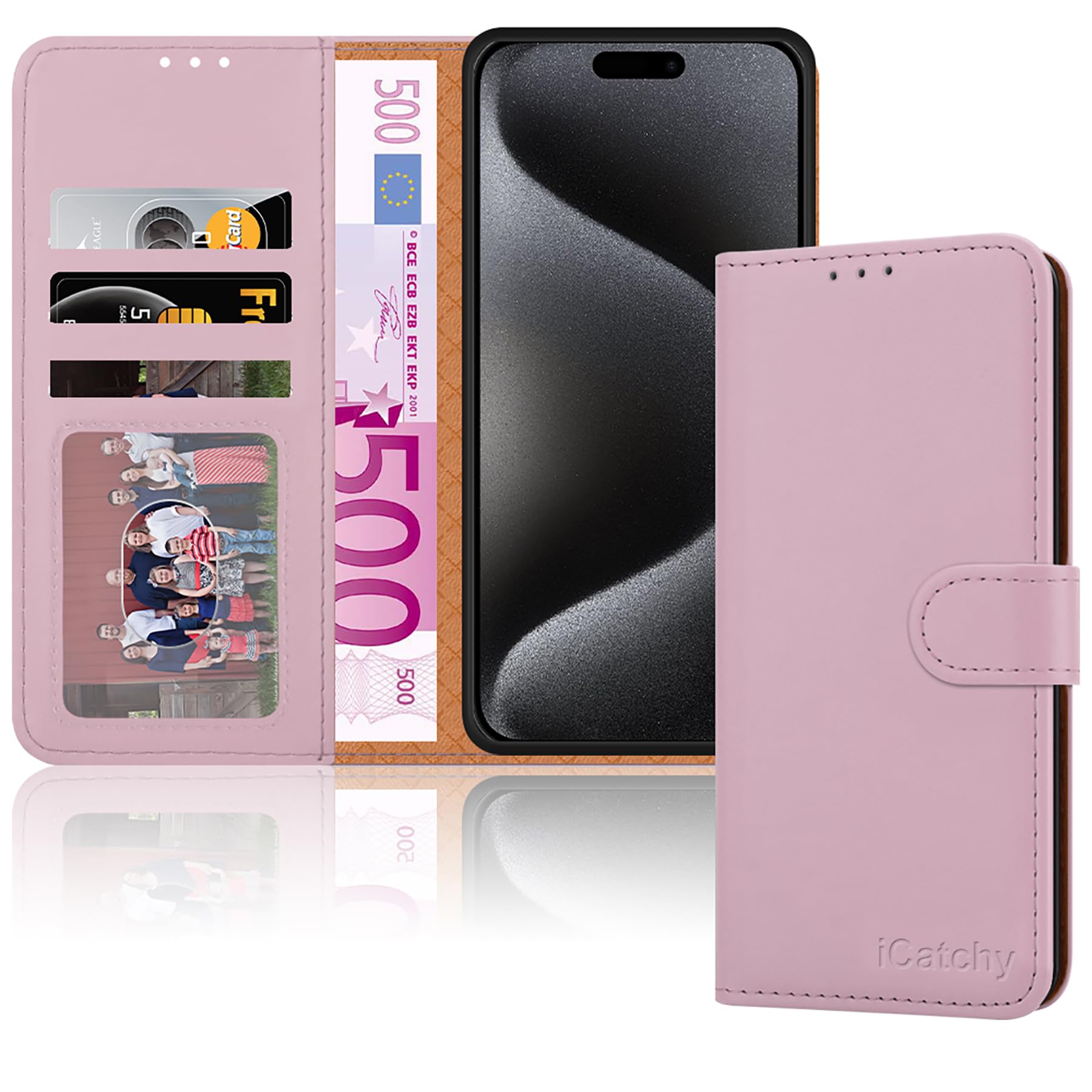 Premium Leather Magnetic Flip Cover Case for iPhone 15 Pro with 2x Screen Protectors, Card Holder & Kickstand - Full Protection Rose Gold Phone Cover | Perfect for Work, Travel & Everyday Use