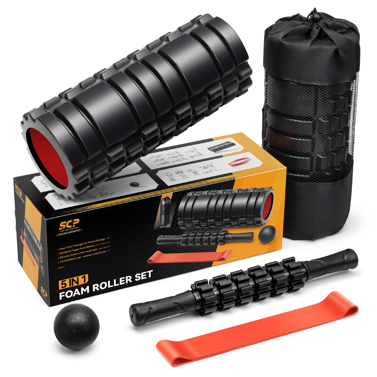5-in-1 Foam Roller Set for Deep Tissue Massage - Trigger Point Foam Roller, Massage Roller Stick, Massage Ball & Resistance Band - Perfect for Yoga, Pilates, Fitness & Full Body Workout (Black-Red) - Home Gym & Physical Therapy Essential