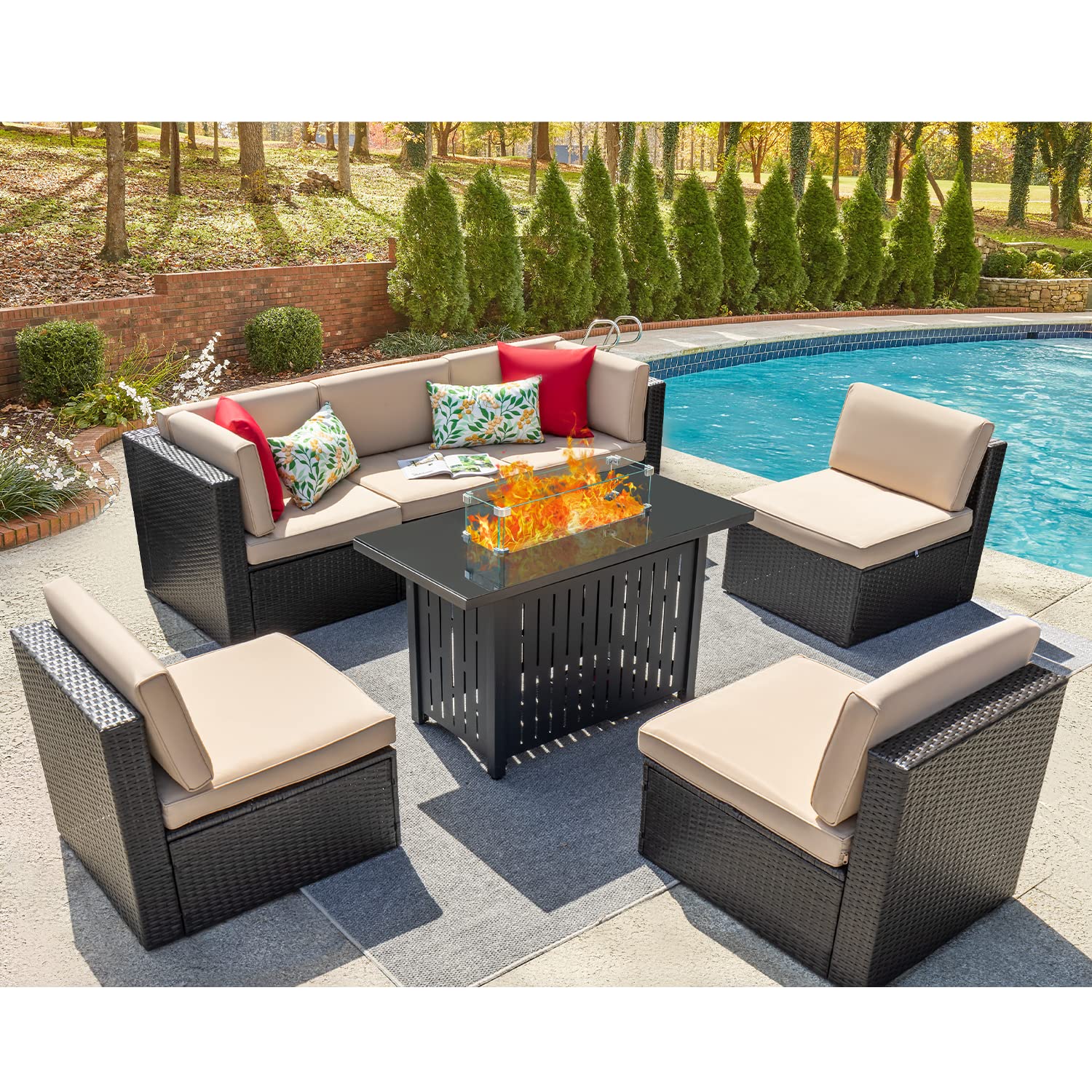 Devoko 7-Piece Outdoor Patio Furniture Set - Waterproof Wicker Sectional Sofa with Fire Pit Table & Cushions - Beige Patio Conversation Set for Backyard, Garden, Poolside & Outdoor Living Spaces