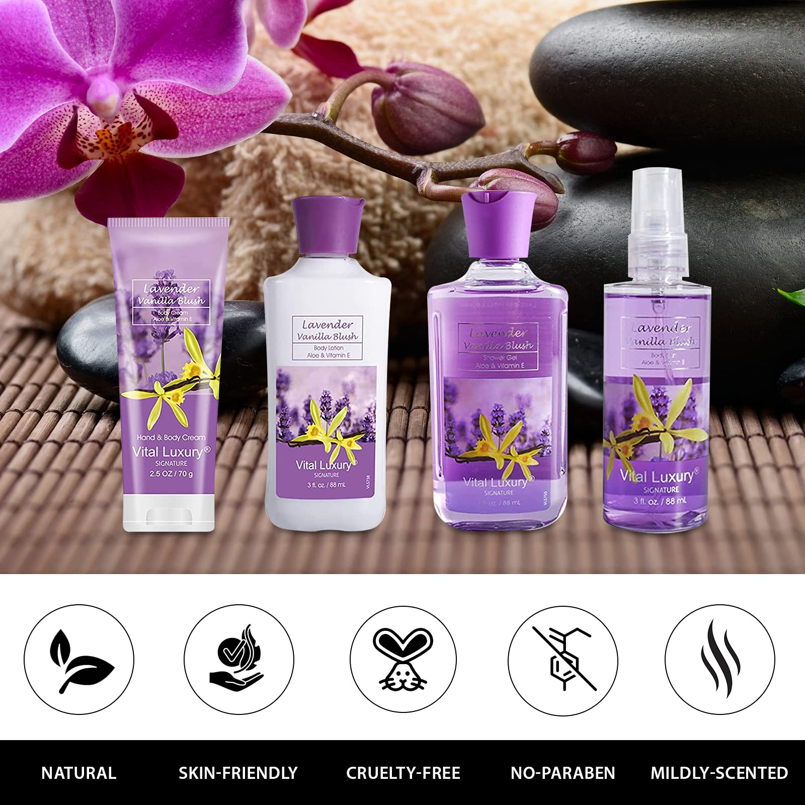 Lavender Vanilla Blush Bath & Body Gift Set - 3 Fl Oz Skincare Spa Kit with Body Lotion, Shower Gel, Cream & Fragrance Mist - Perfect for Mother's Day, Birthday & Relaxing Home Spa Treatments